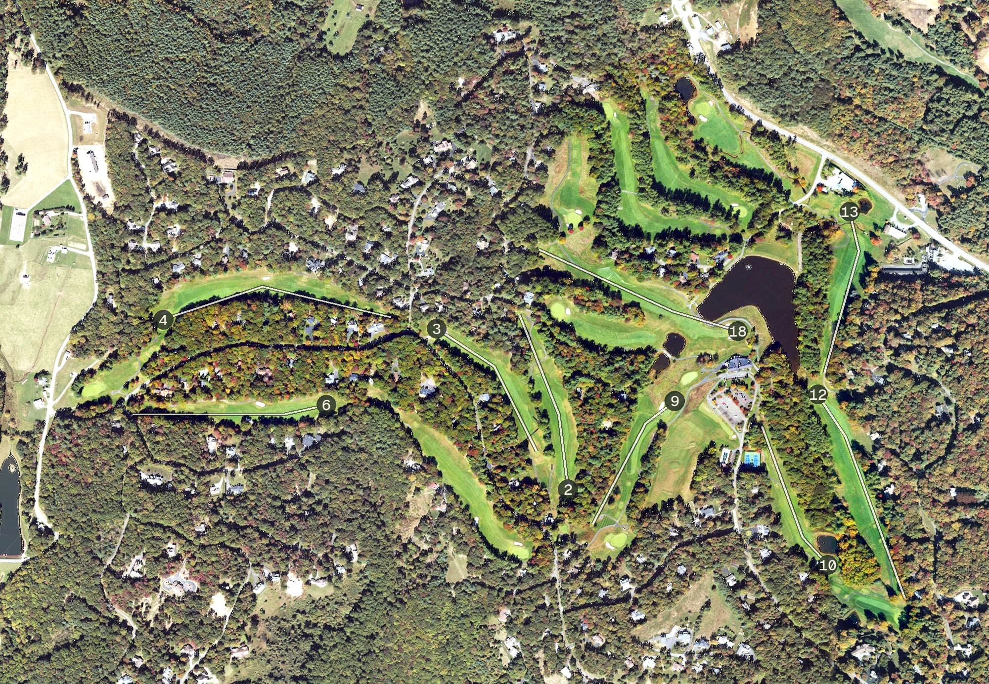 Aerial view of High Meadows Golf & Country Club, NC, with its hole routing marked