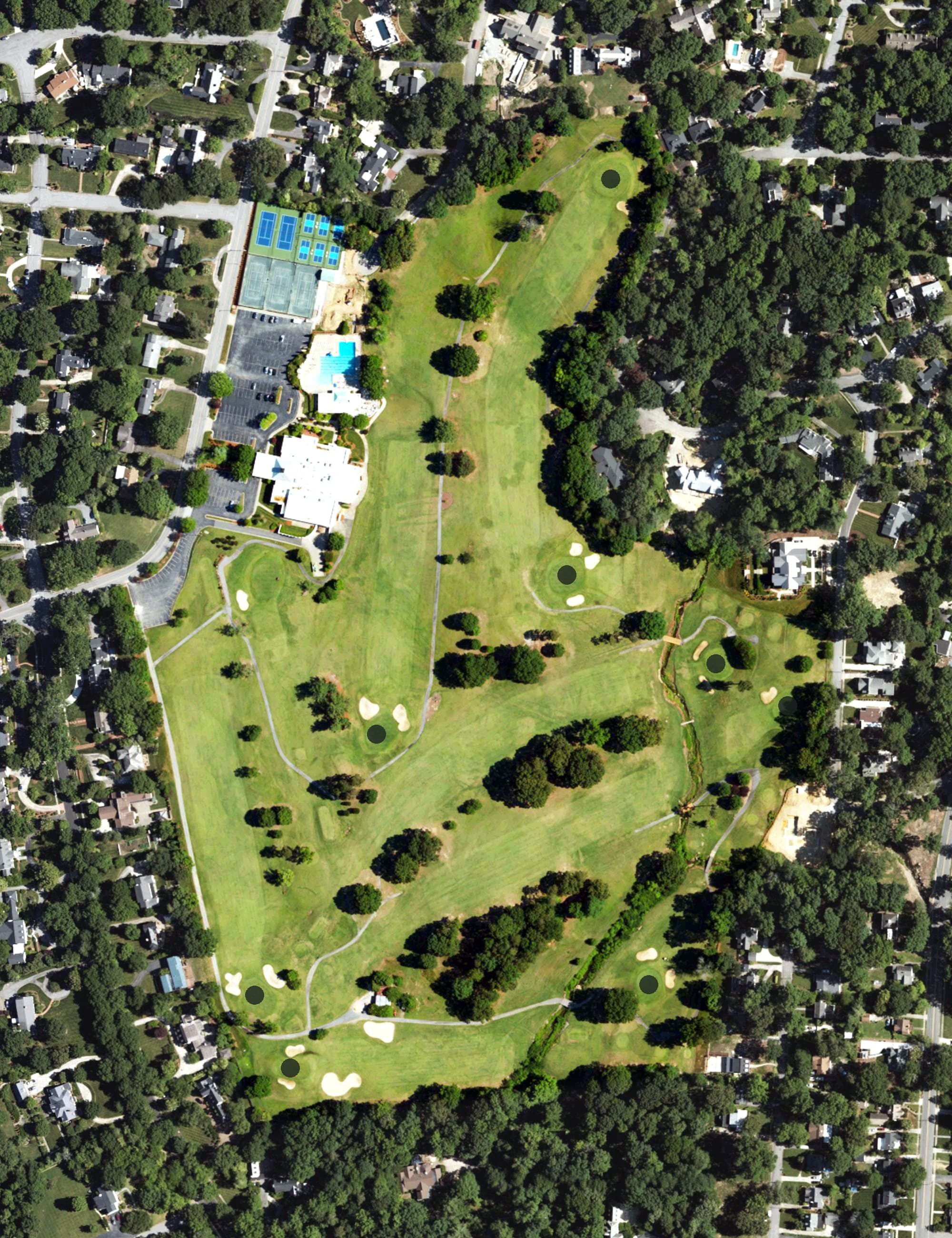 Aerial view of High Point Country Club, NC, with its hole routing marked