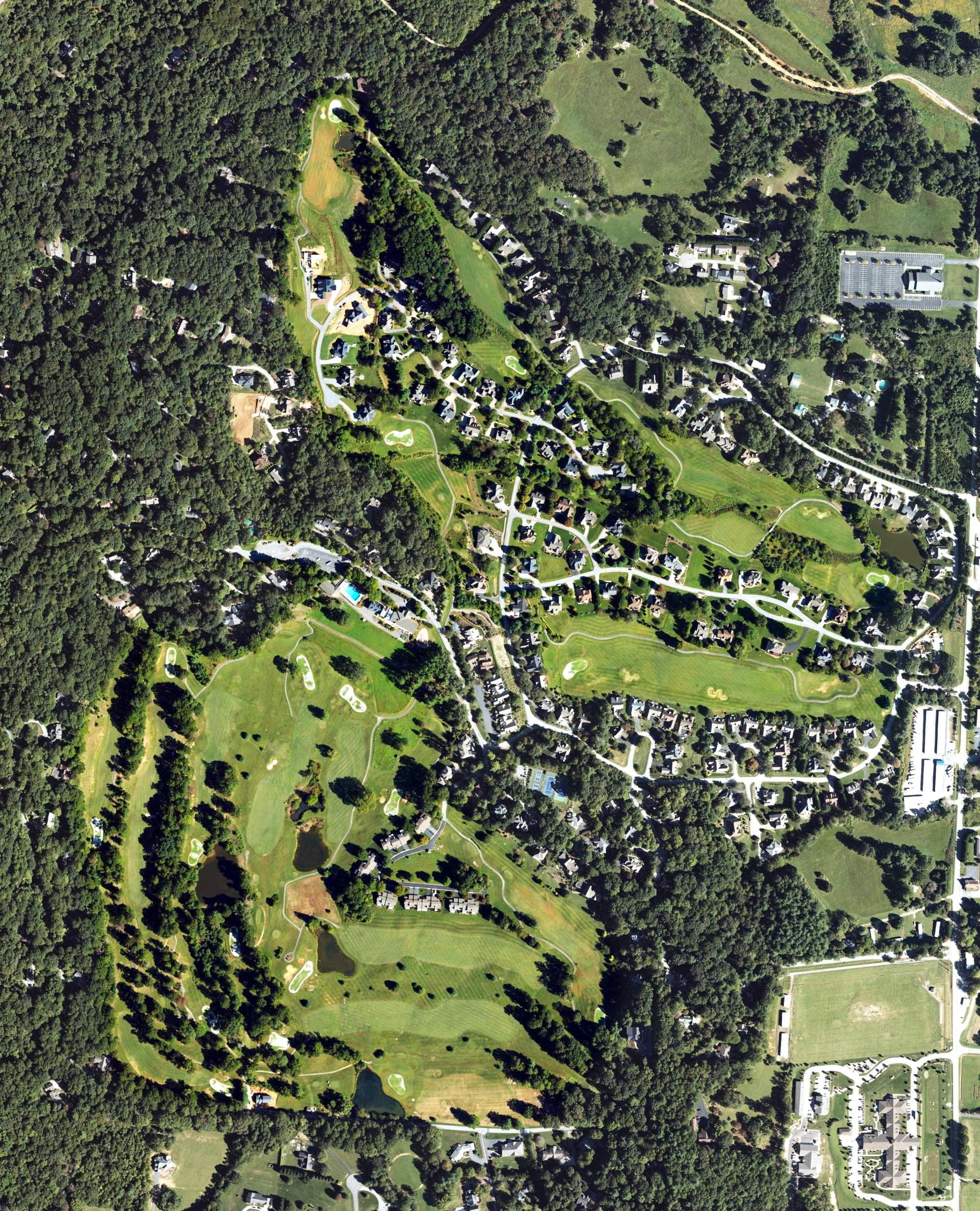 Aerial view of High Vista Golf Club, NC, with its hole routing marked