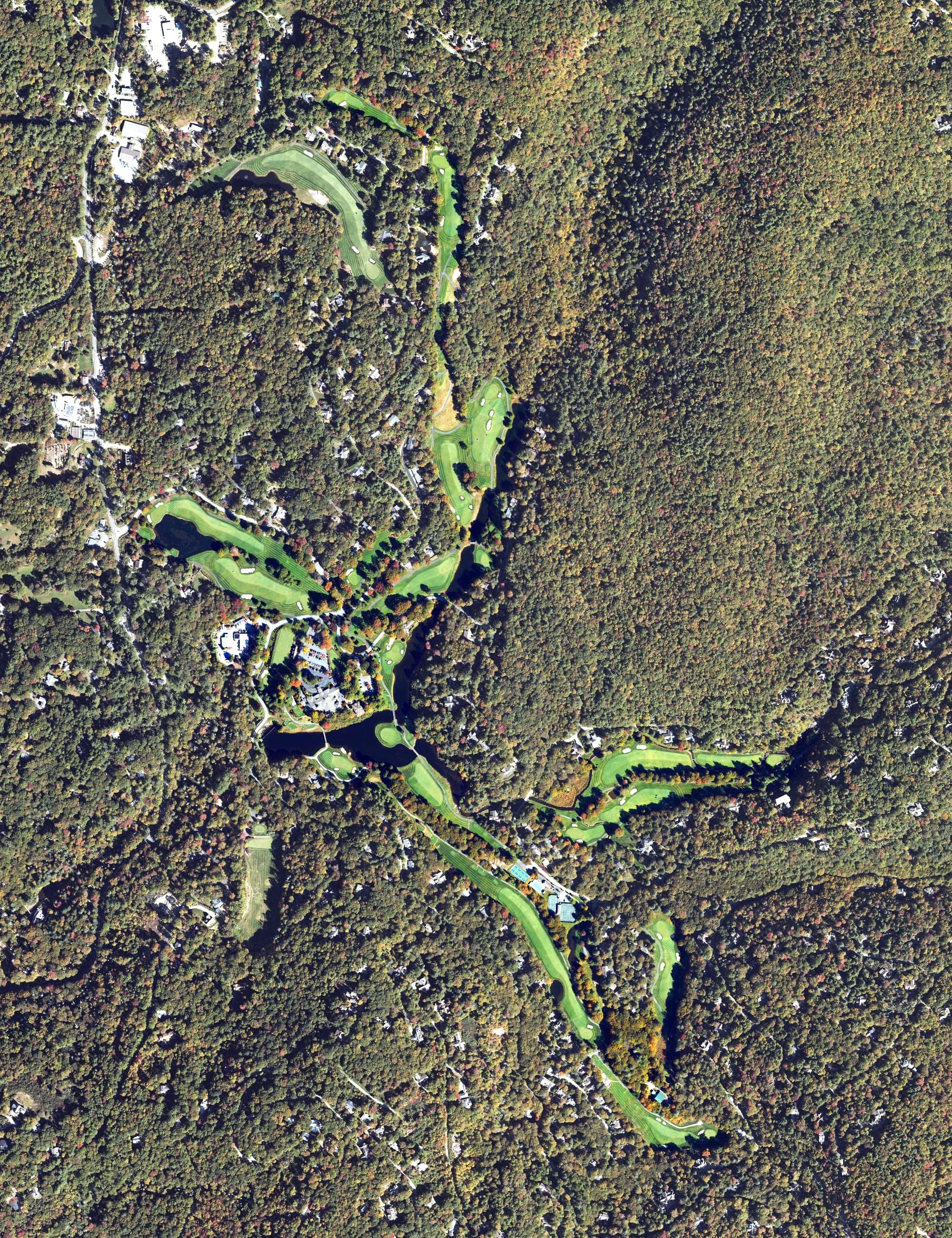 Aerial view of Highlands Falls Country Club, NC, with its hole routing marked