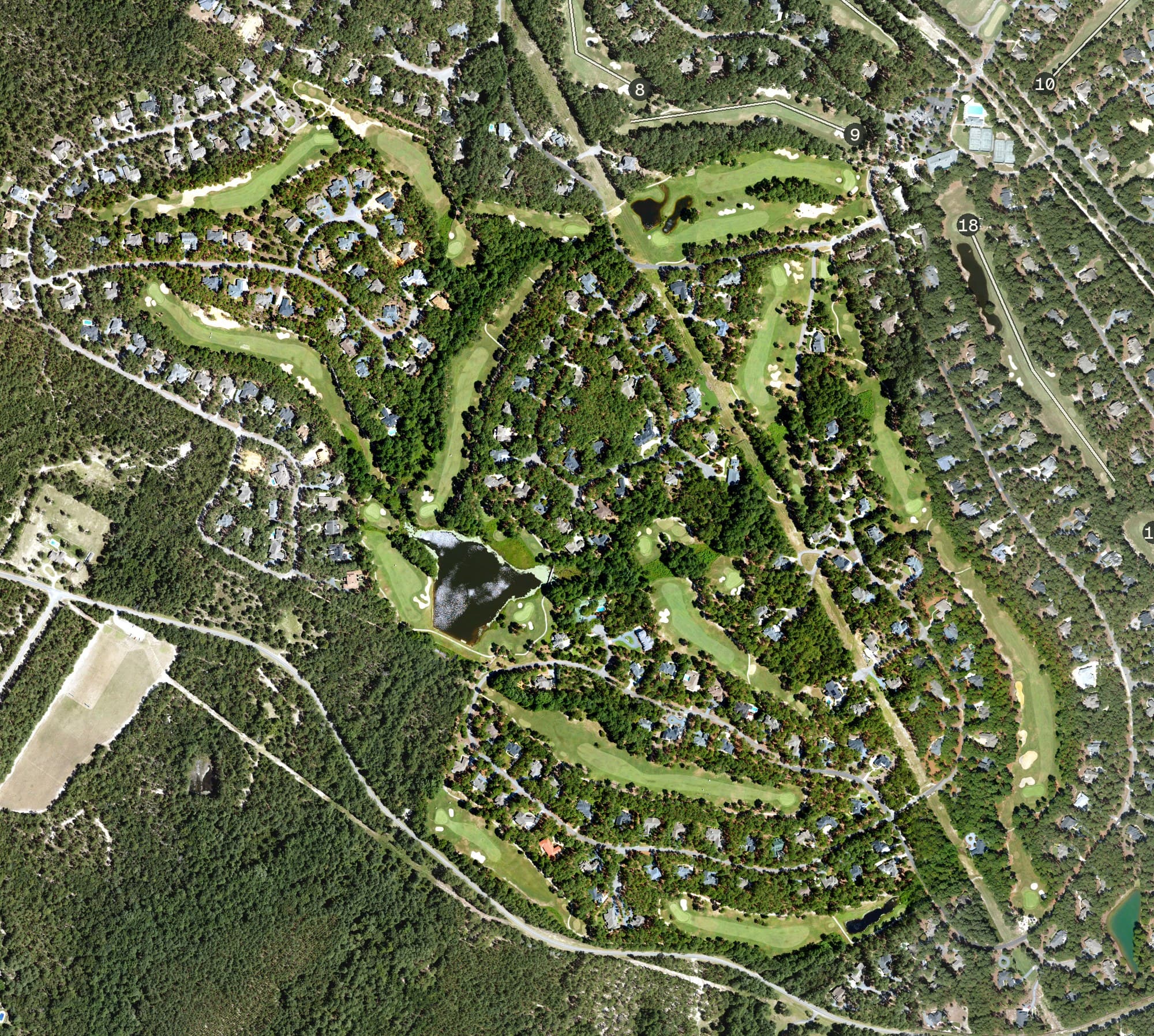 Aerial view of Holly, NC, with its hole routing marked