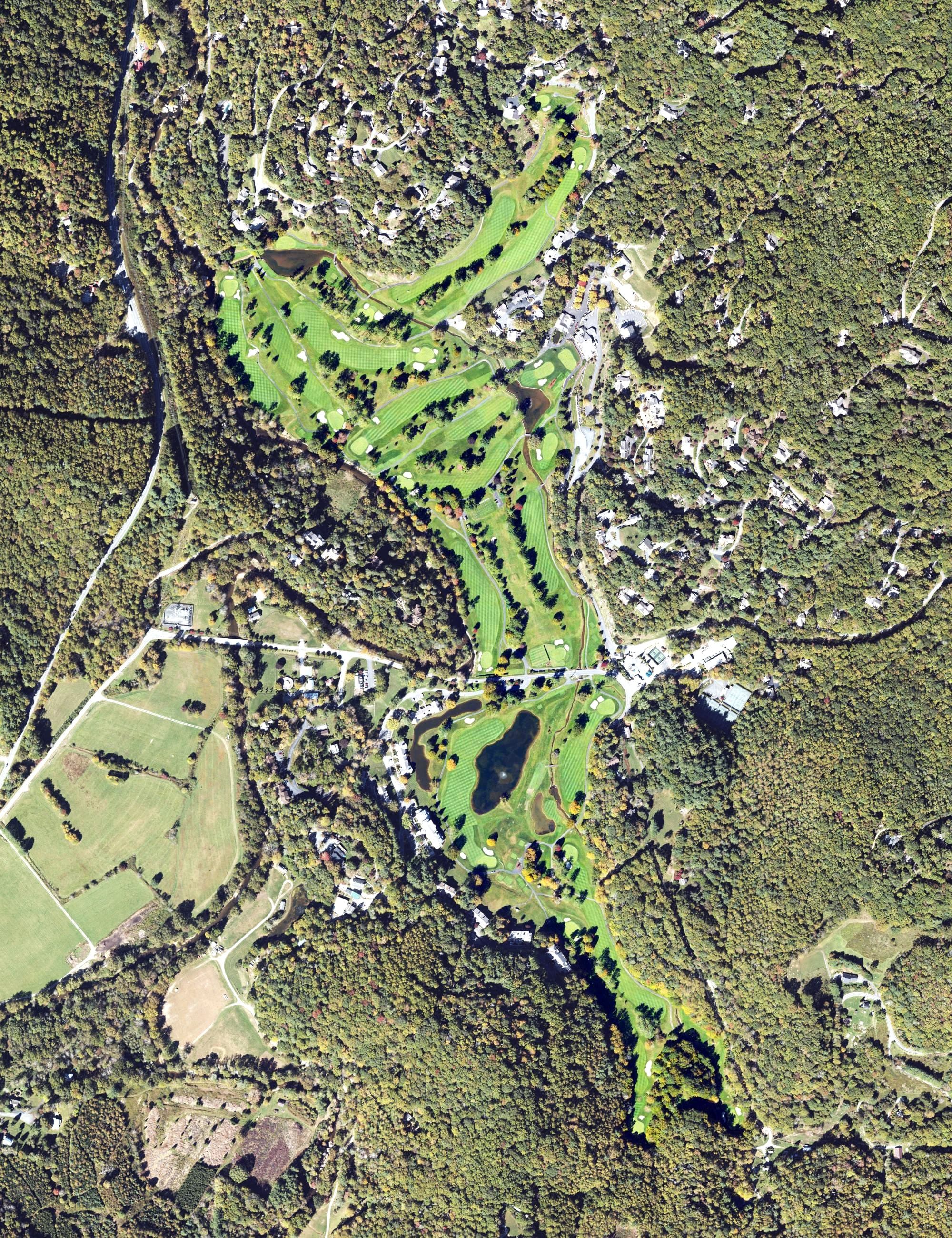 Aerial view of Hound Ears Club, NC, with its hole routing marked
