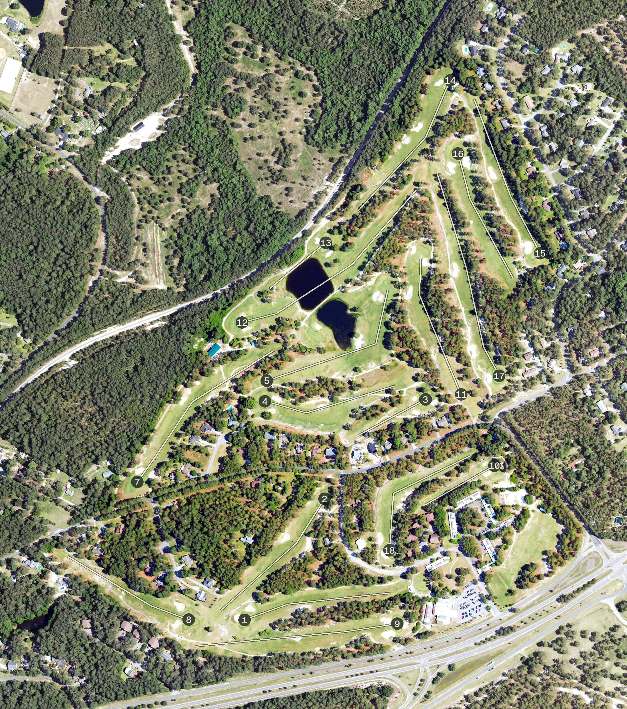 Aerial view of Hyland Golf Club, NC, with its hole routing marked