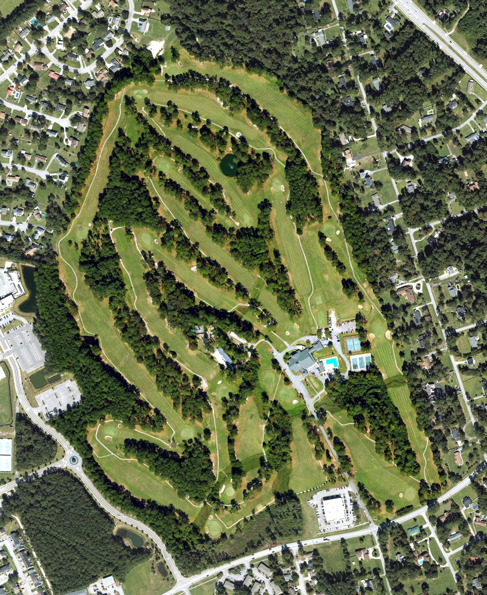 Aerial view of Jacksonville Country Club, NC, with its hole routing marked