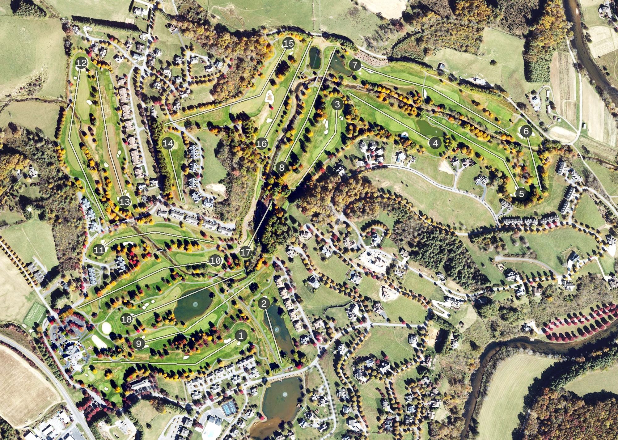 Aerial view of Jefferson Landing, NC, with its hole routing marked