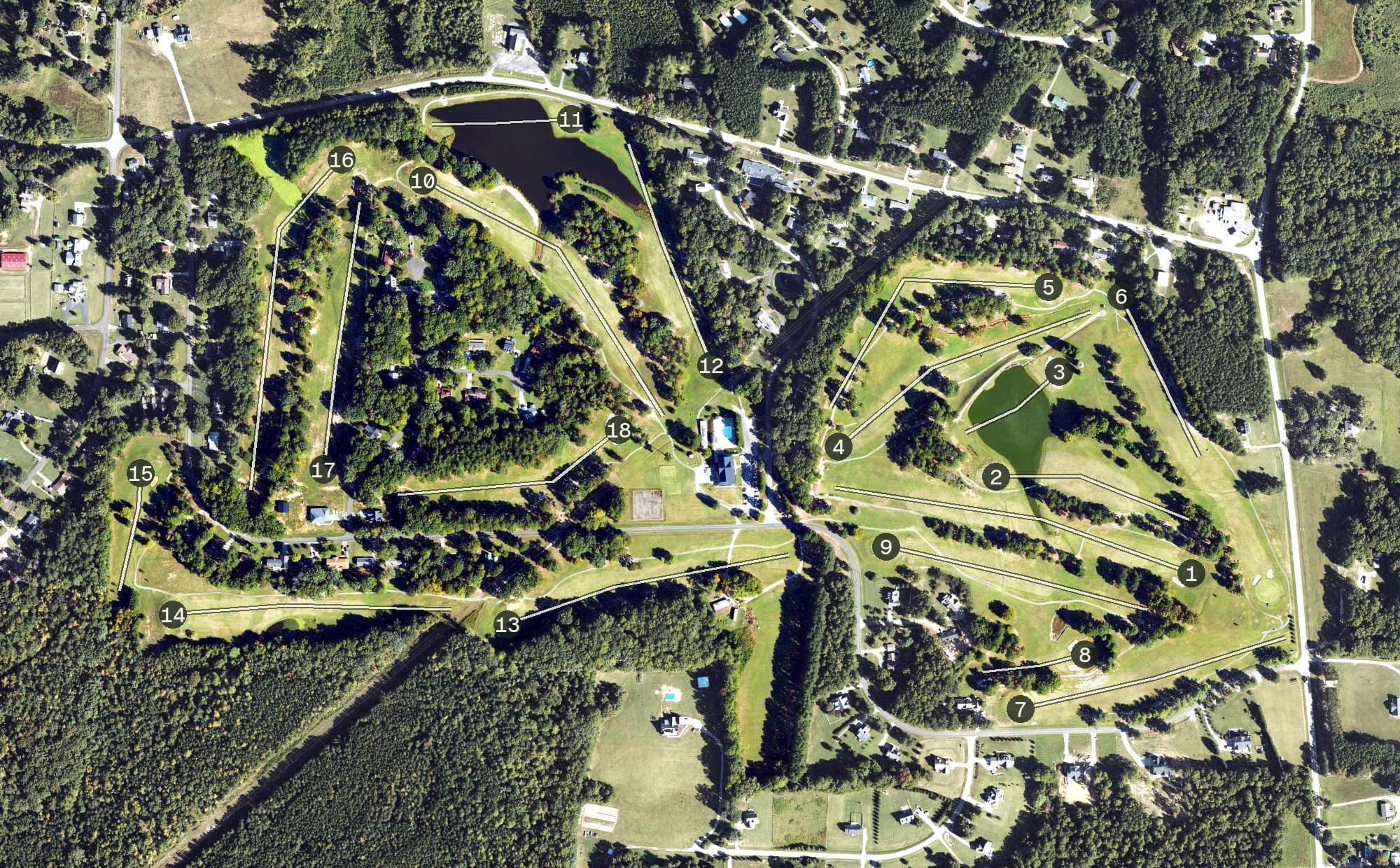 Aerial view of Kerr Lake Country Club, NC, with its hole routing marked