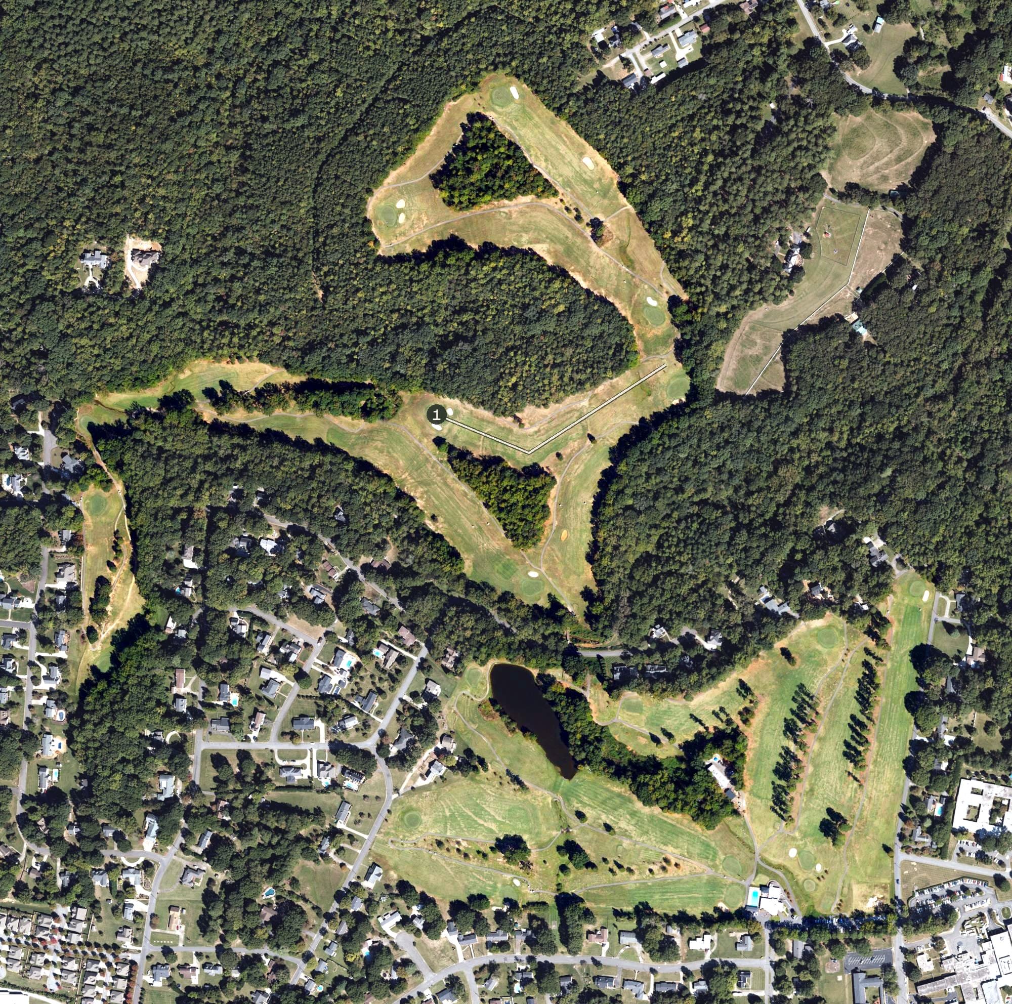 Aerial view of Kings Mountain Country Club, NC, with its hole routing marked