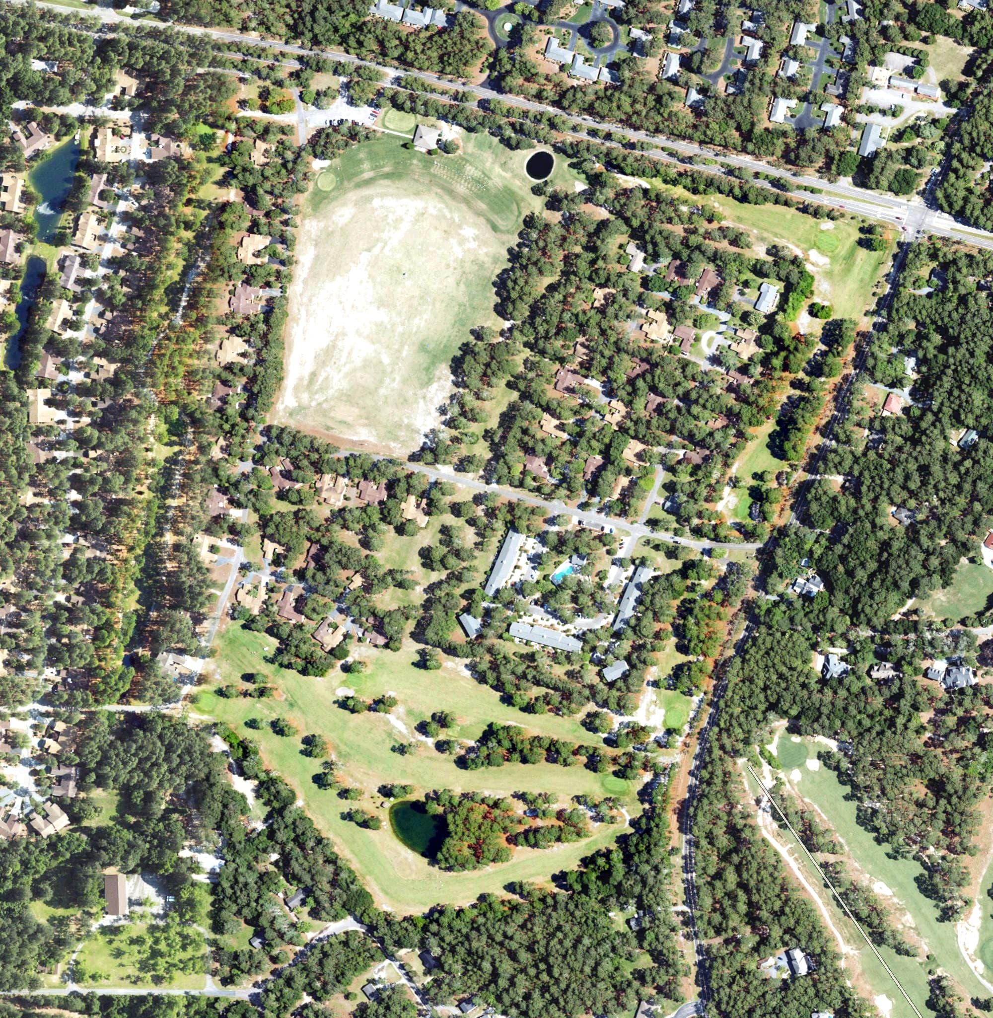 Aerial view of Knollwood Fairways, NC, with its hole routing marked