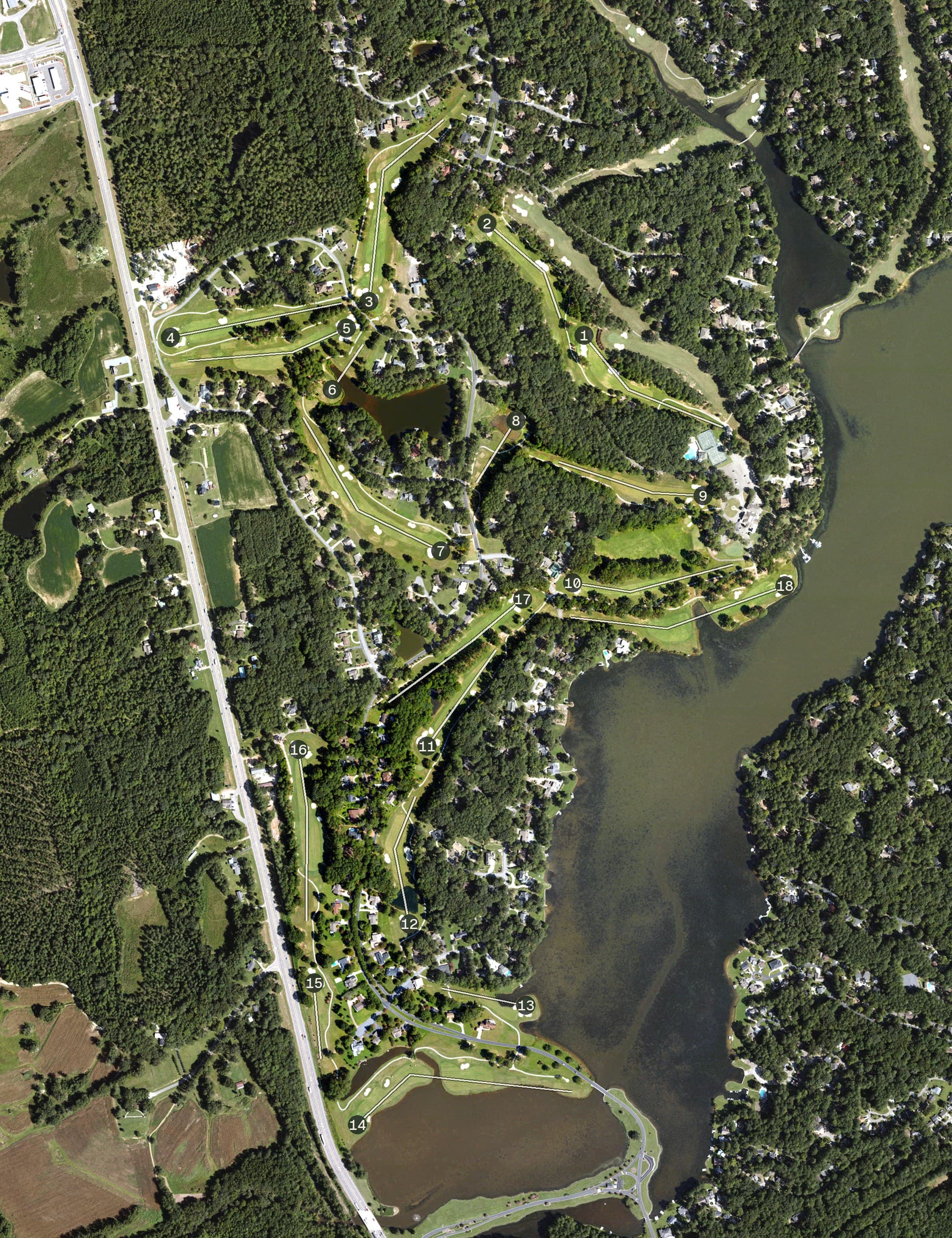 Aerial view of Lake Course, NC, with its hole routing marked