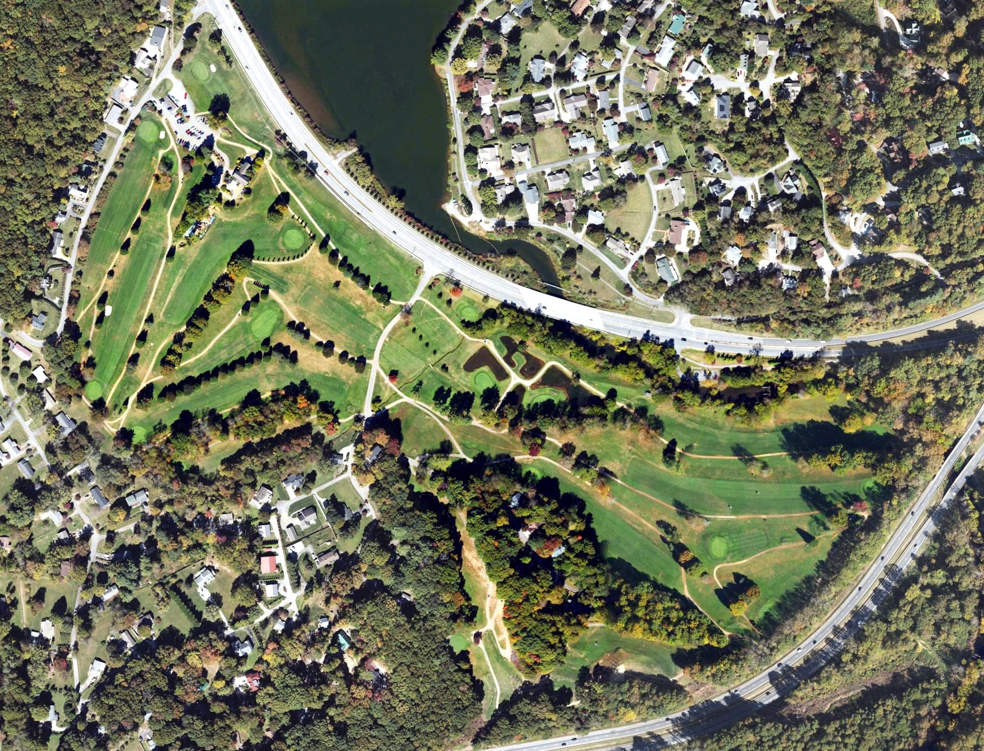 Aerial view of Lake Junaluska Golf Course, NC, with its hole routing marked