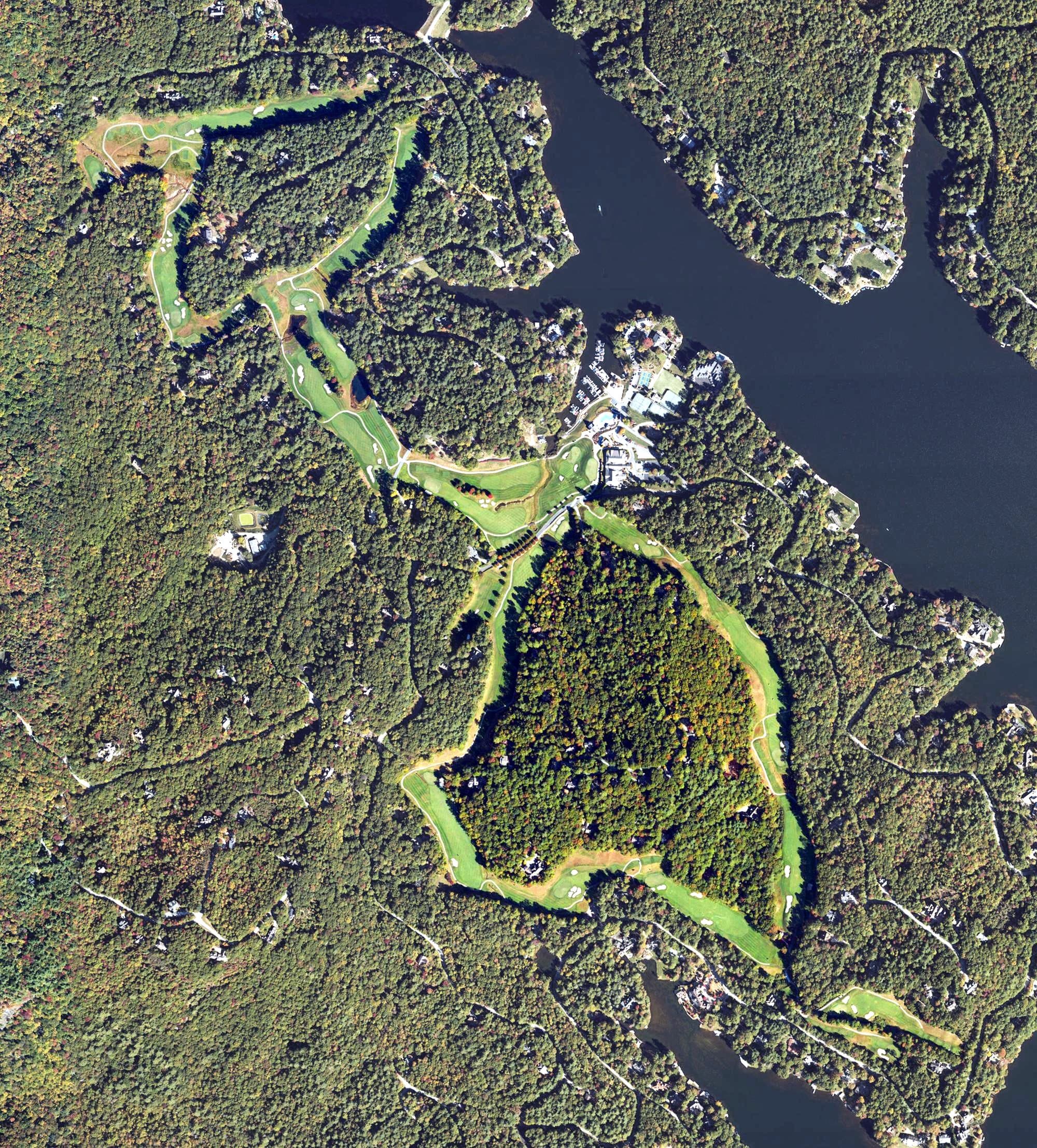 Aerial view of Lake Toxaway Golf Club, NC, with its hole routing marked