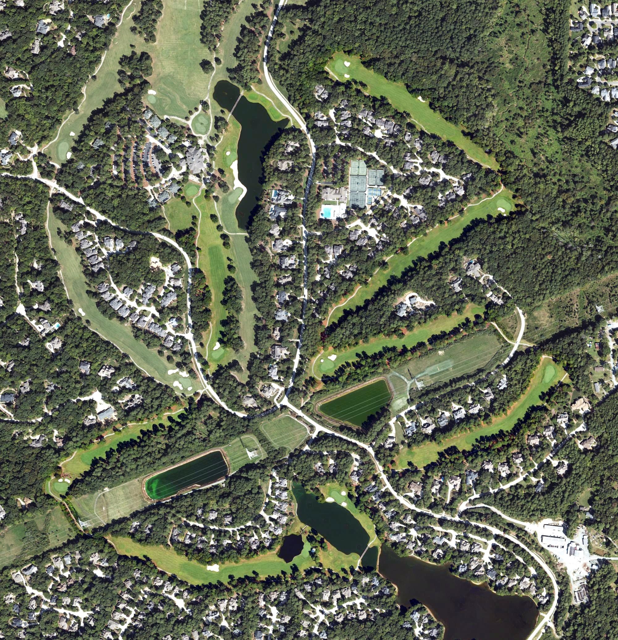 Aerial view of Lakes Course, NC, with its hole routing marked