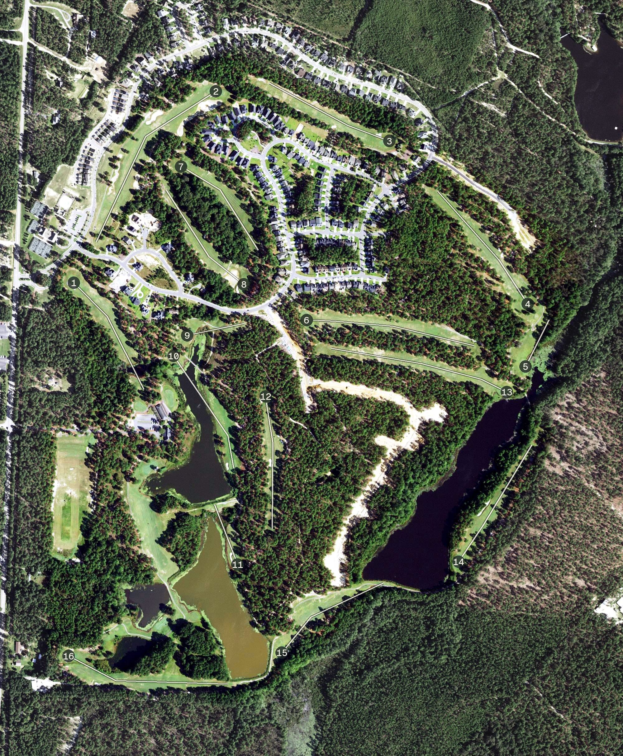 Aerial view of Legacy Golf Links, NC, with its hole routing marked