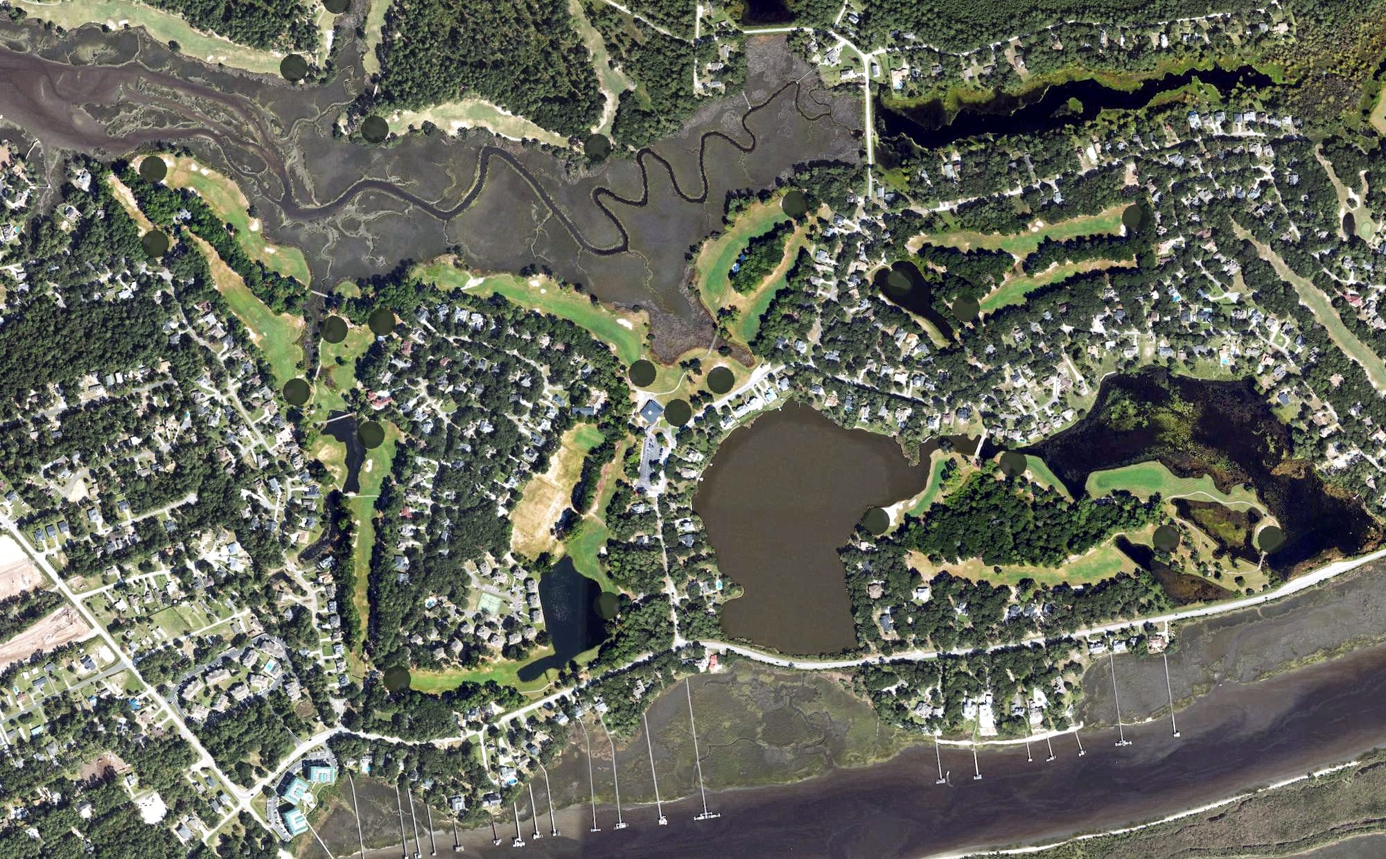 Aerial view of Legends Golf Resort Oyster Bay, NC, with its hole routing marked