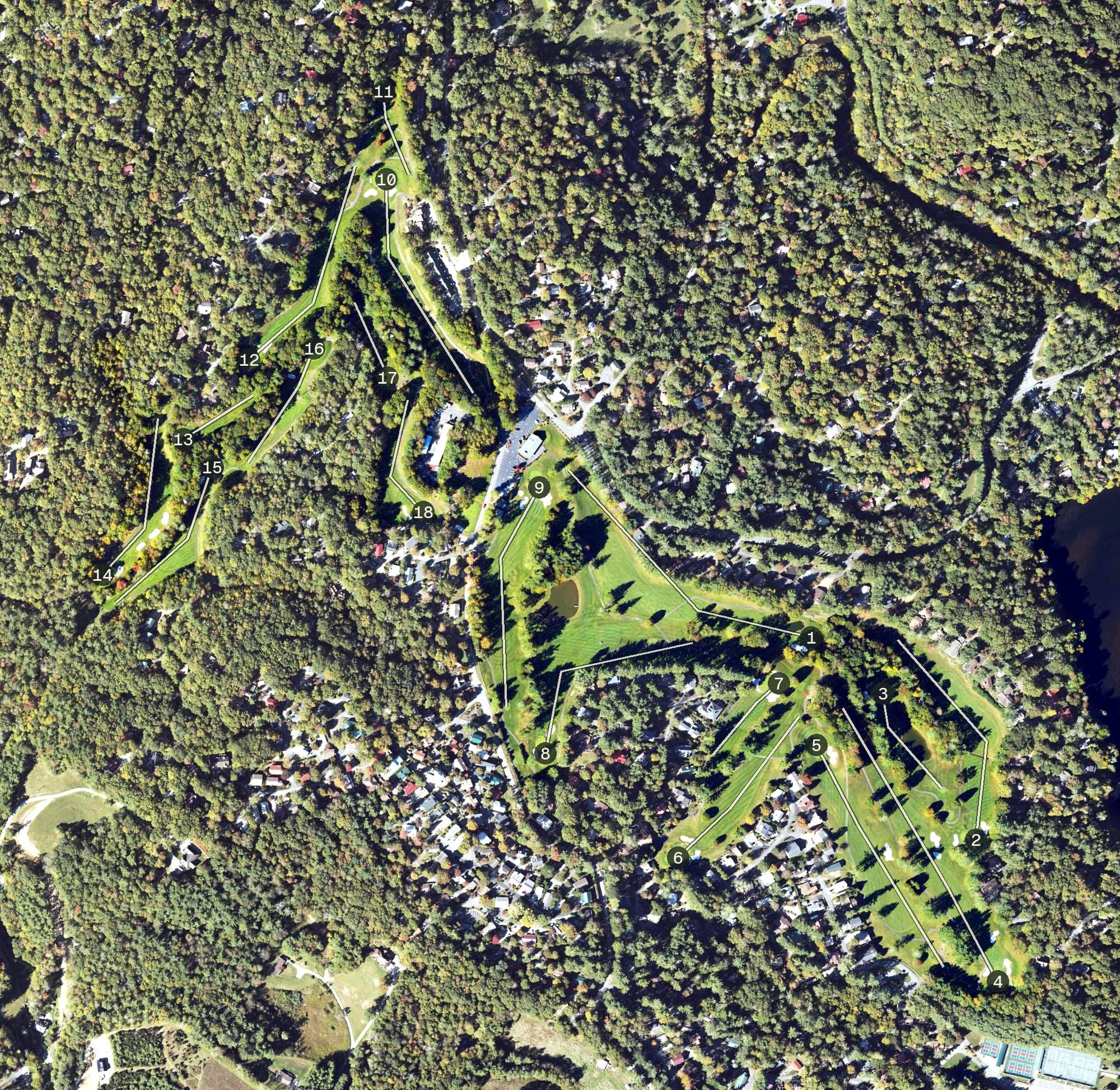 Aerial view of Linville Land Harbor Golf Club, NC, with its hole routing marked