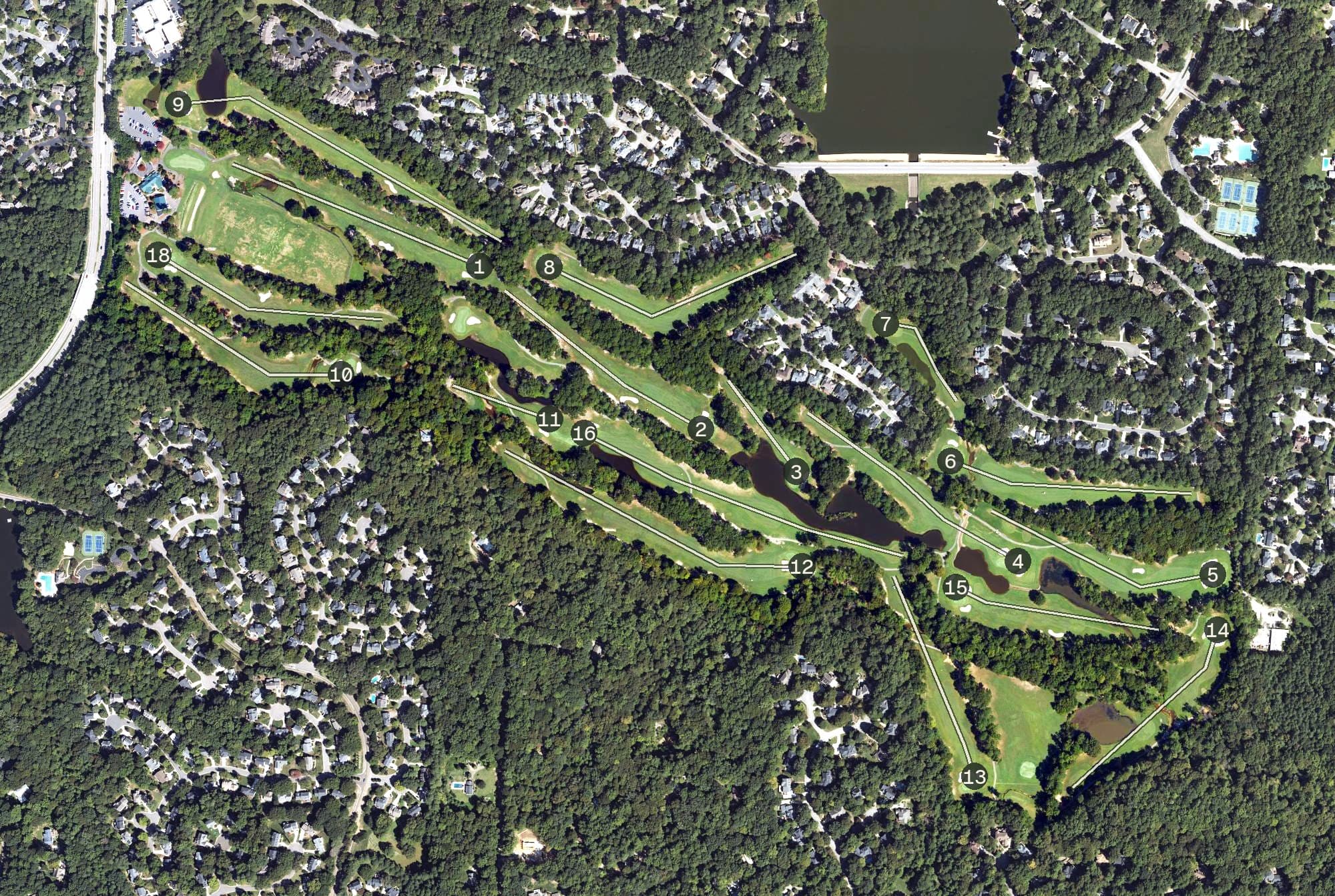 Aerial view of Lochmere Golf Course, NC, with its hole routing marked