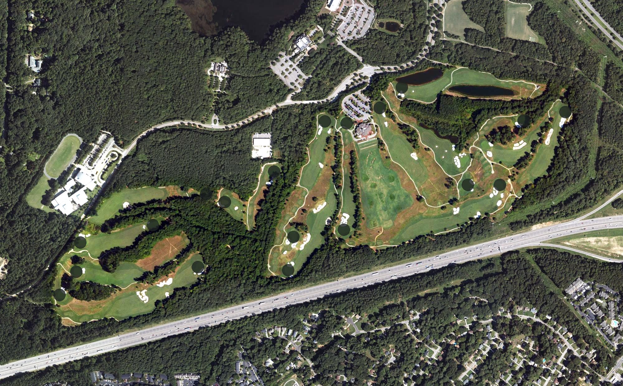 Aerial view of Lonnie Poole Golf Course, NC, with its hole routing marked