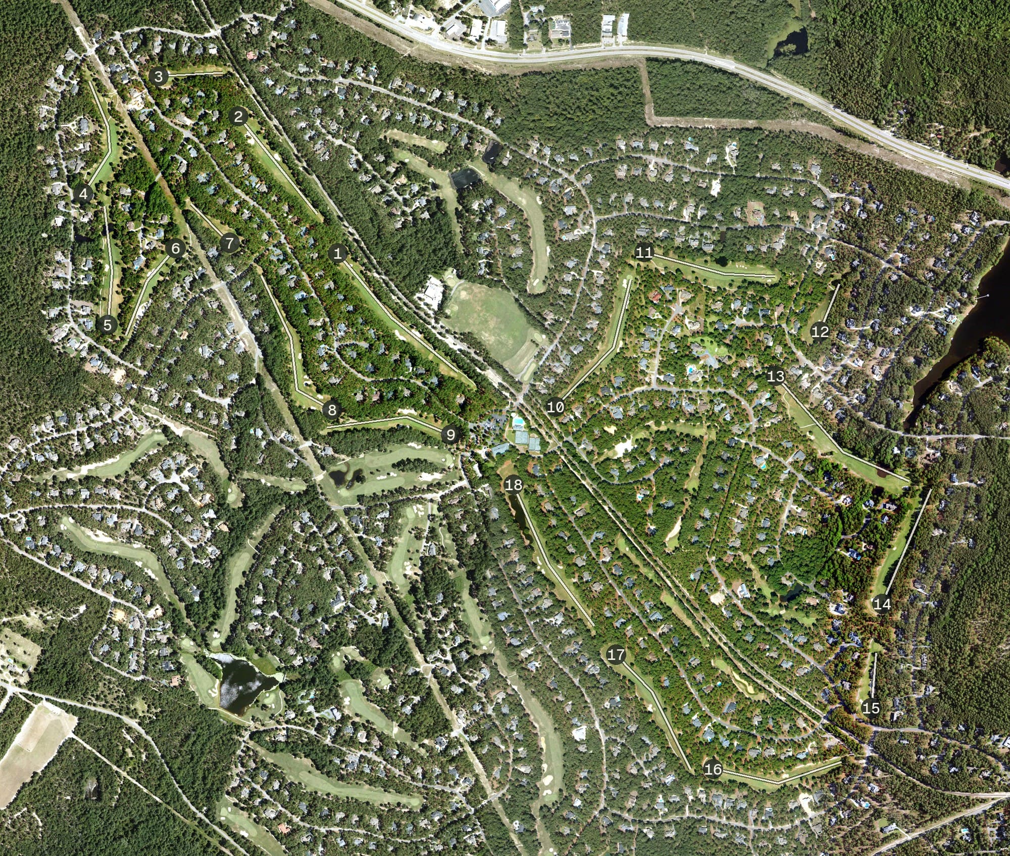 Aerial view of Magnolia, NC, with its hole routing marked