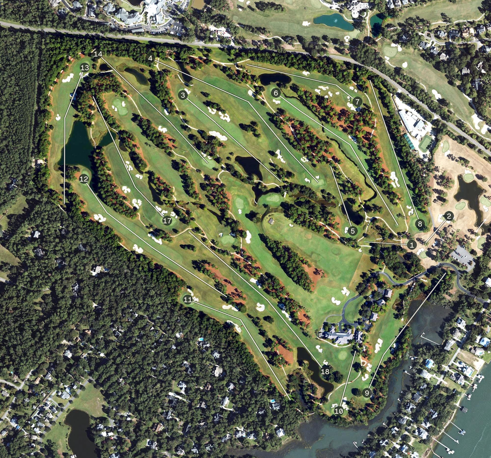 Aerial view of Main Course, NC, with its hole routing marked