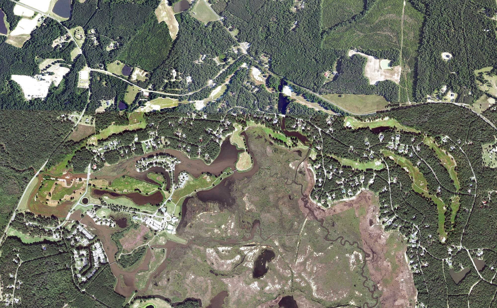 Aerial view of Maples, NC, with its hole routing marked