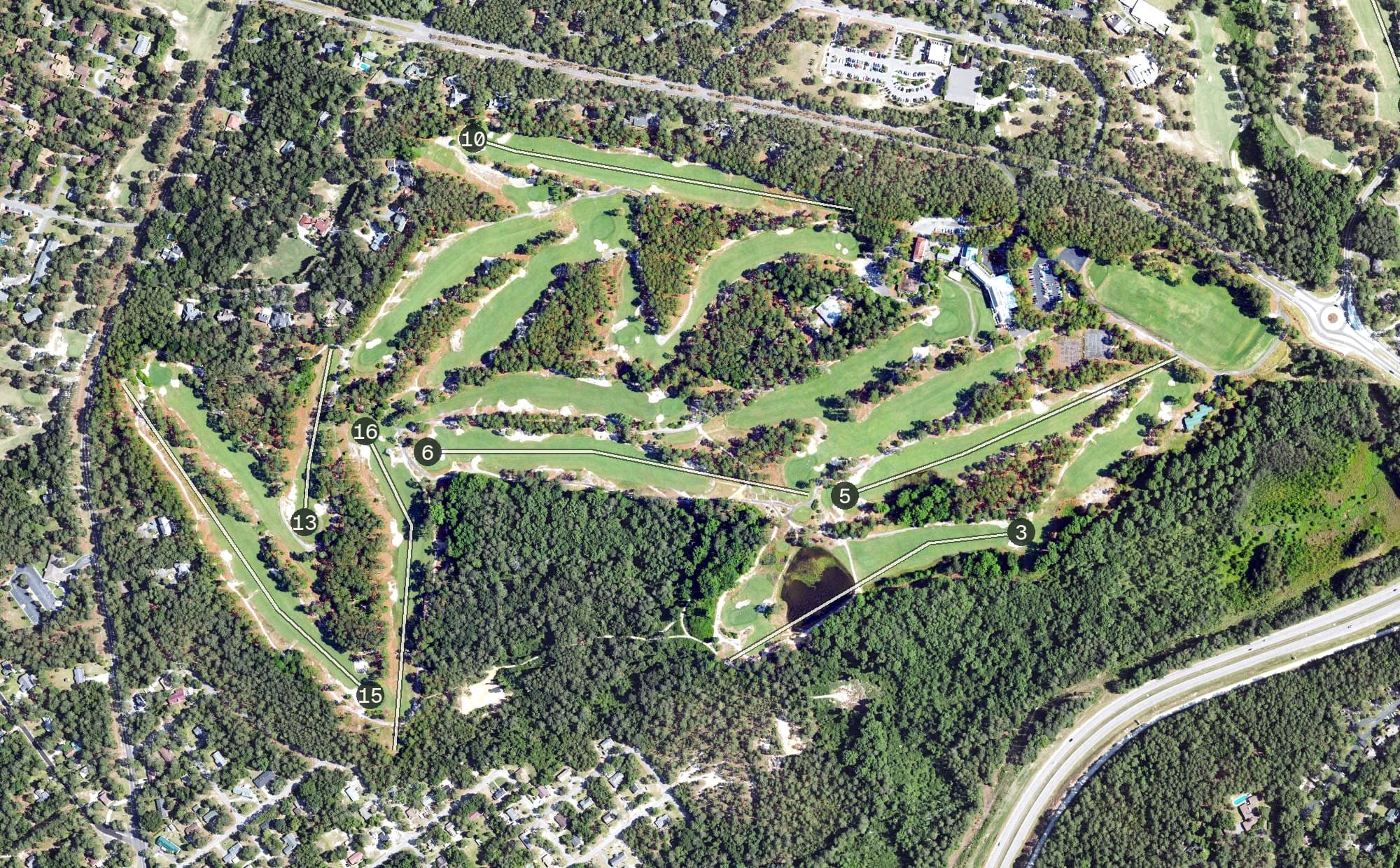 Aerial view of Mid Pines, NC, with its hole routing marked
