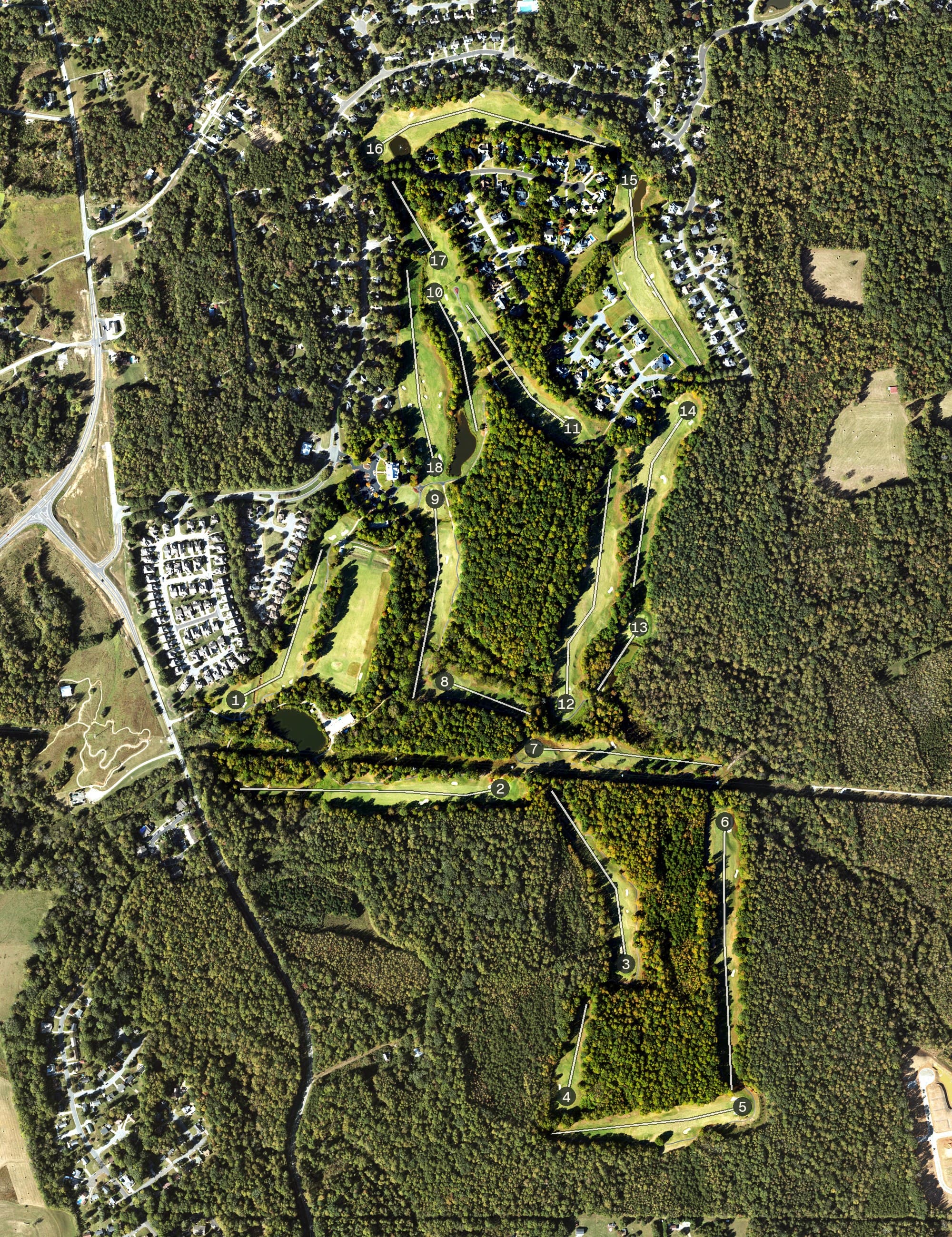 Aerial view of Mill Creek Golf Club, NC, with its hole routing marked