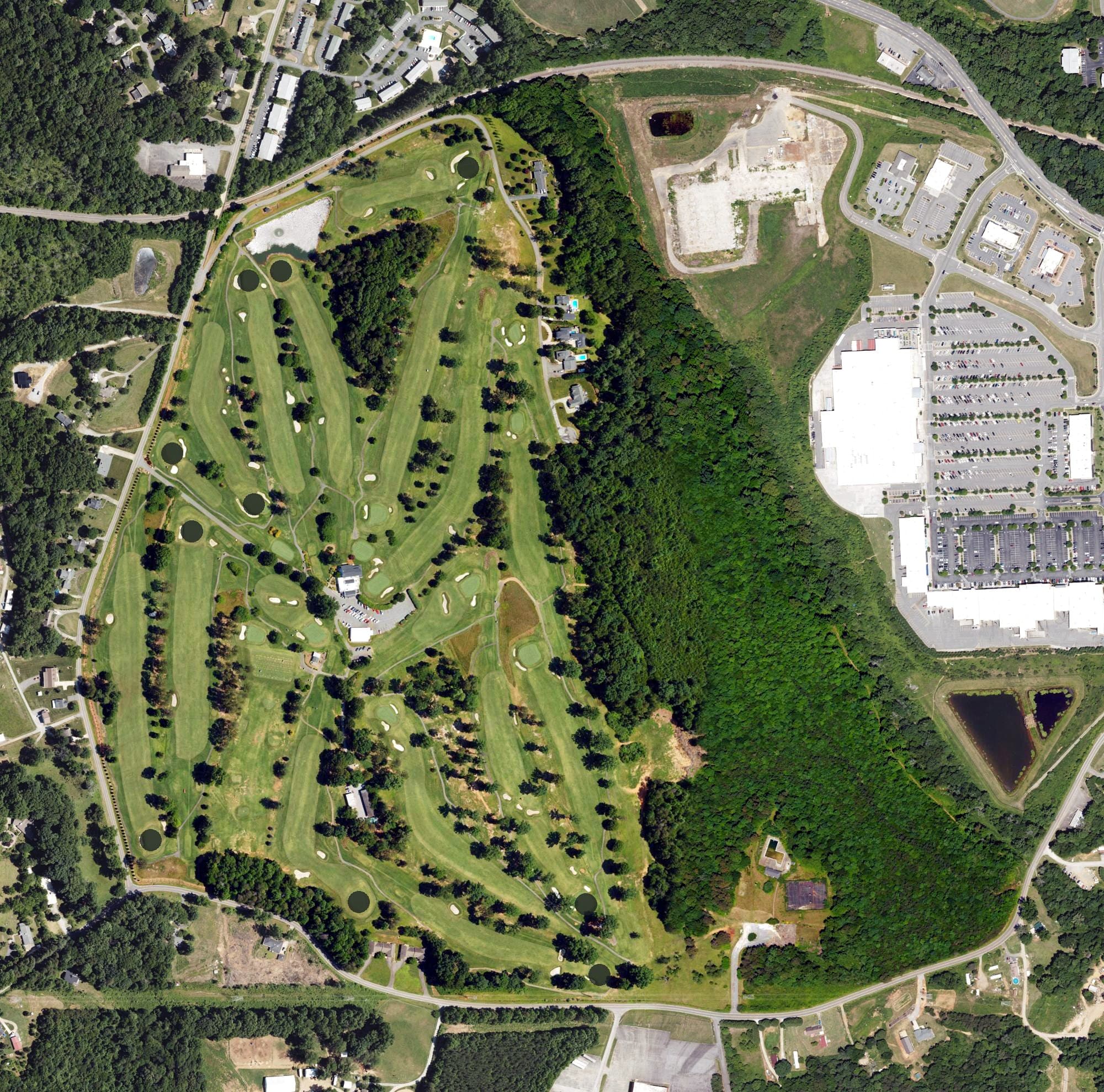 Aerial view of Mimosa Hills Country Club, NC, with its hole routing marked