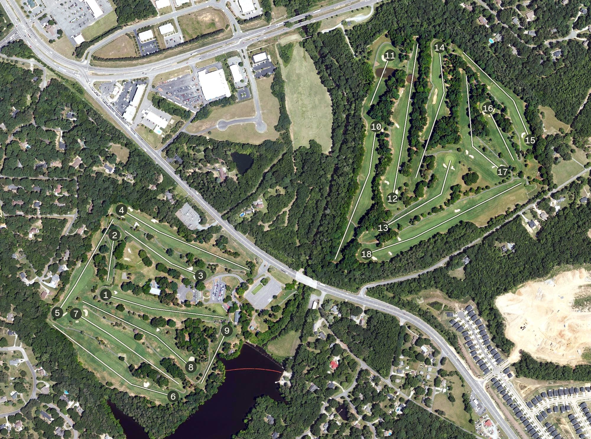 Aerial view of Monroe Country Club, NC, with its hole routing marked