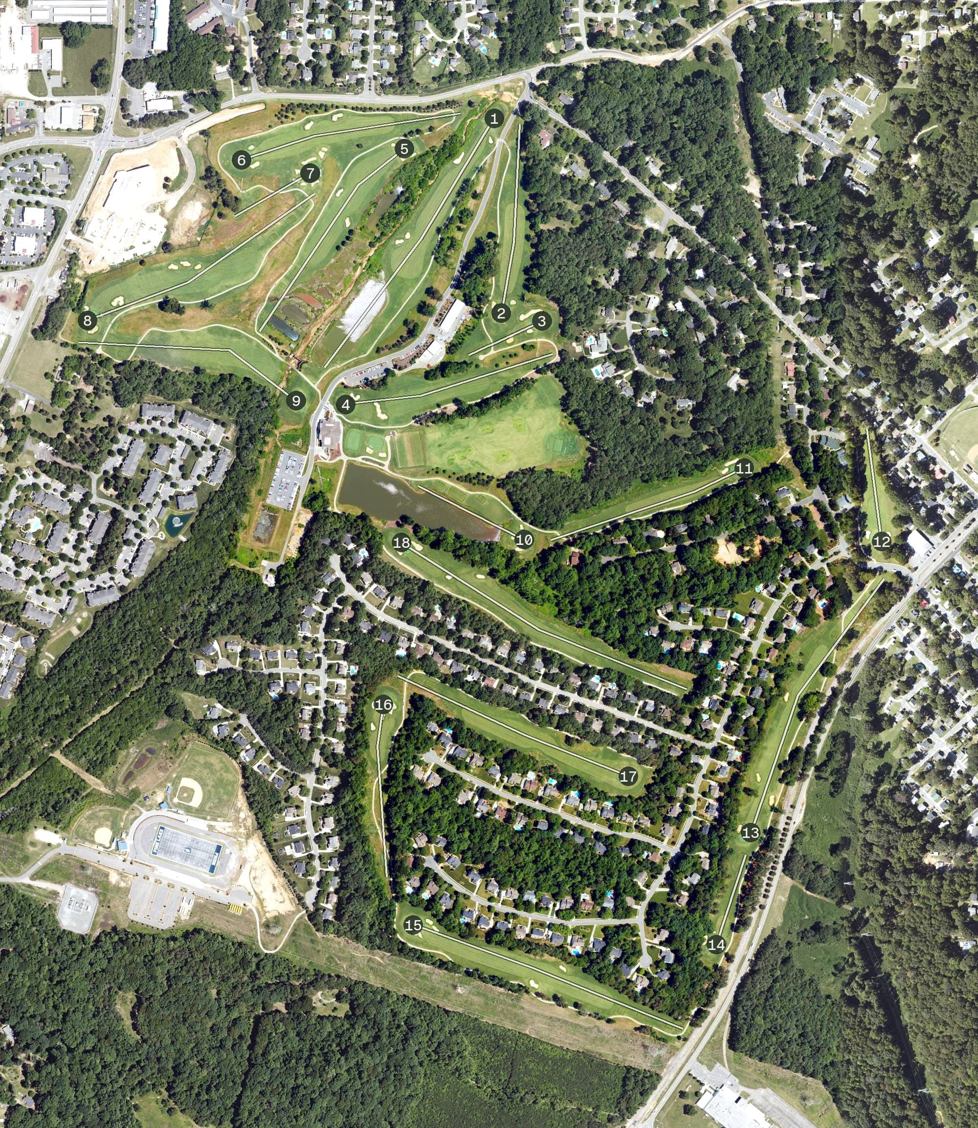 Aerial view of Mooresville Golf Course, NC, with its hole routing marked