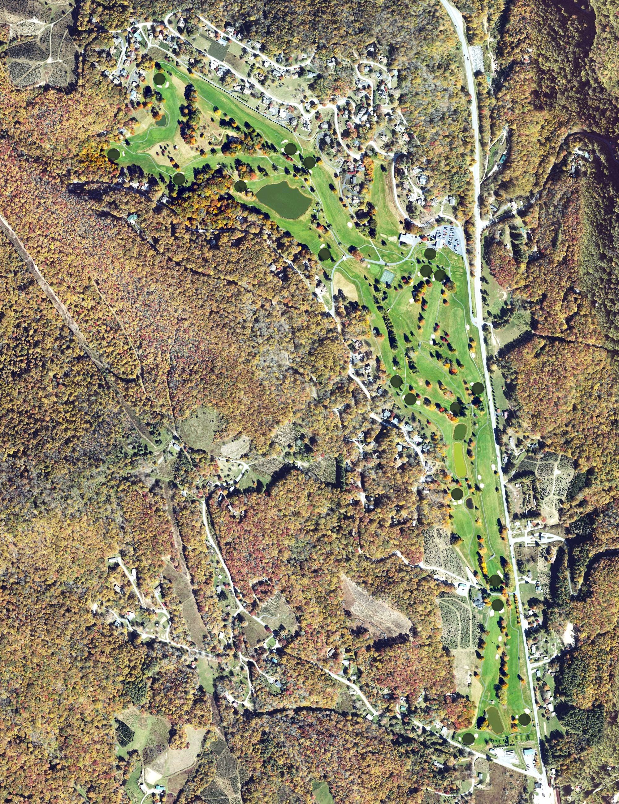 Aerial view of Mountain Glen Golf Club, NC, with its hole routing marked