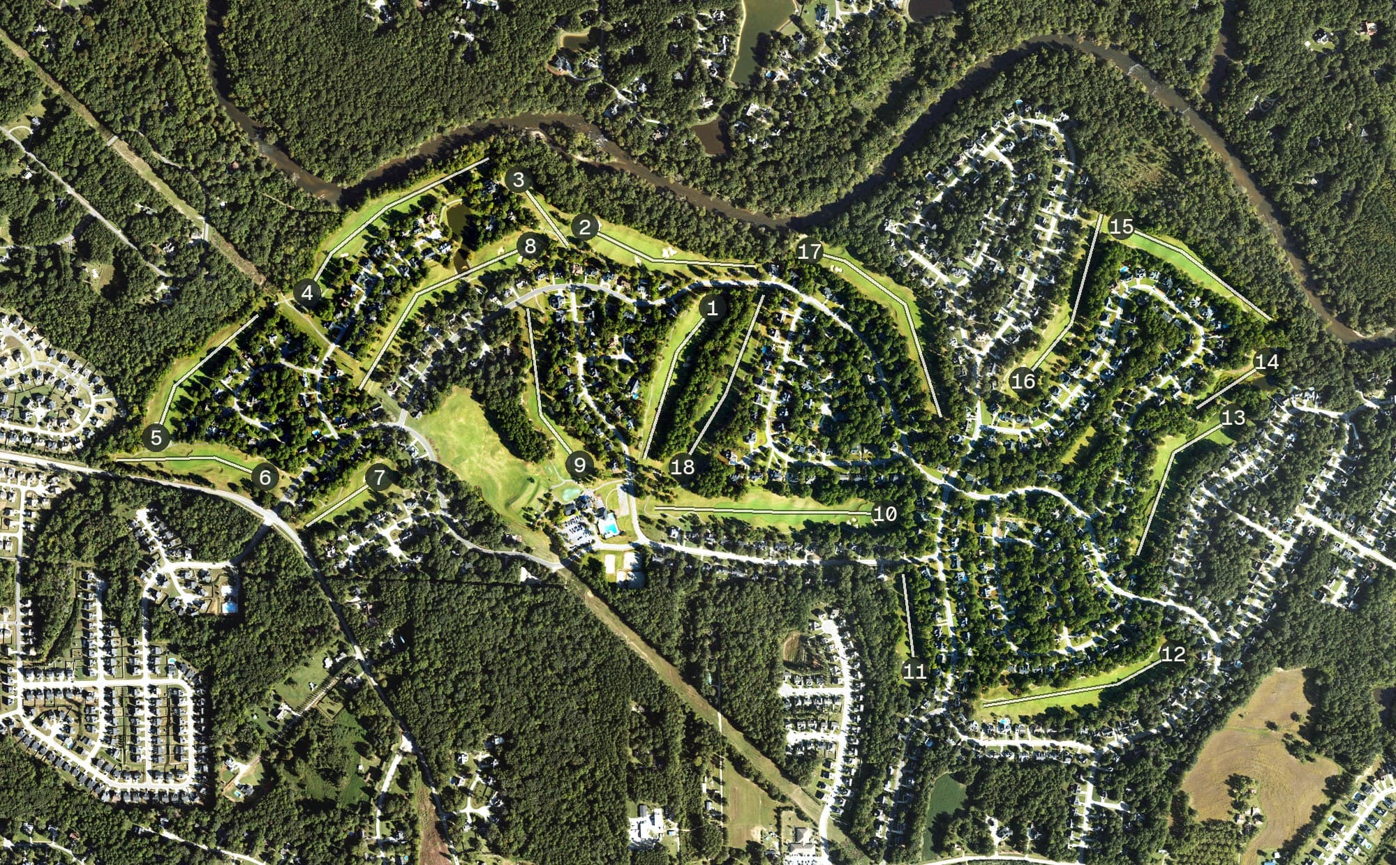 Aerial view of Neuse Golf Club, NC, with its hole routing marked