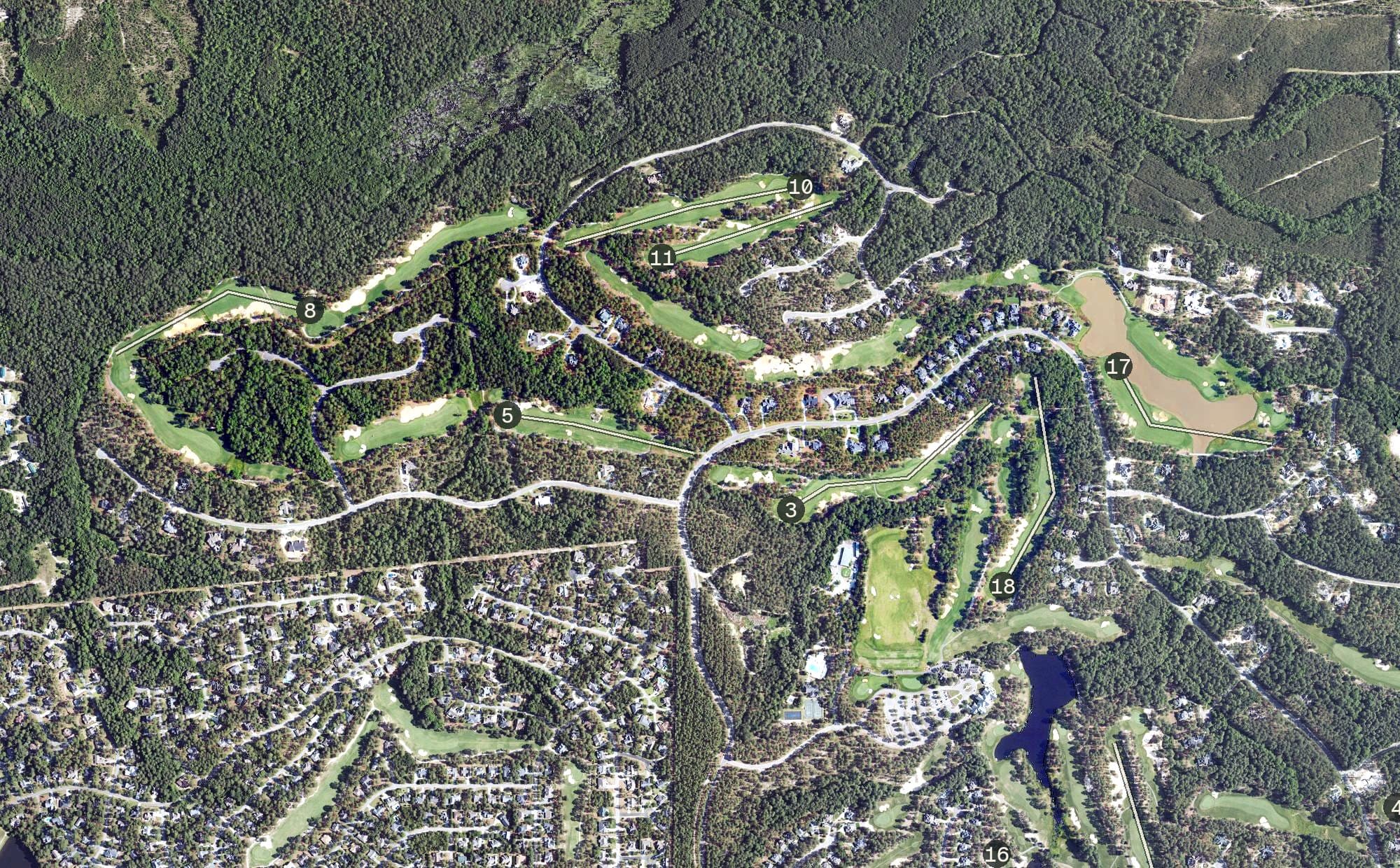 Aerial view of North Course, NC, with its hole routing marked