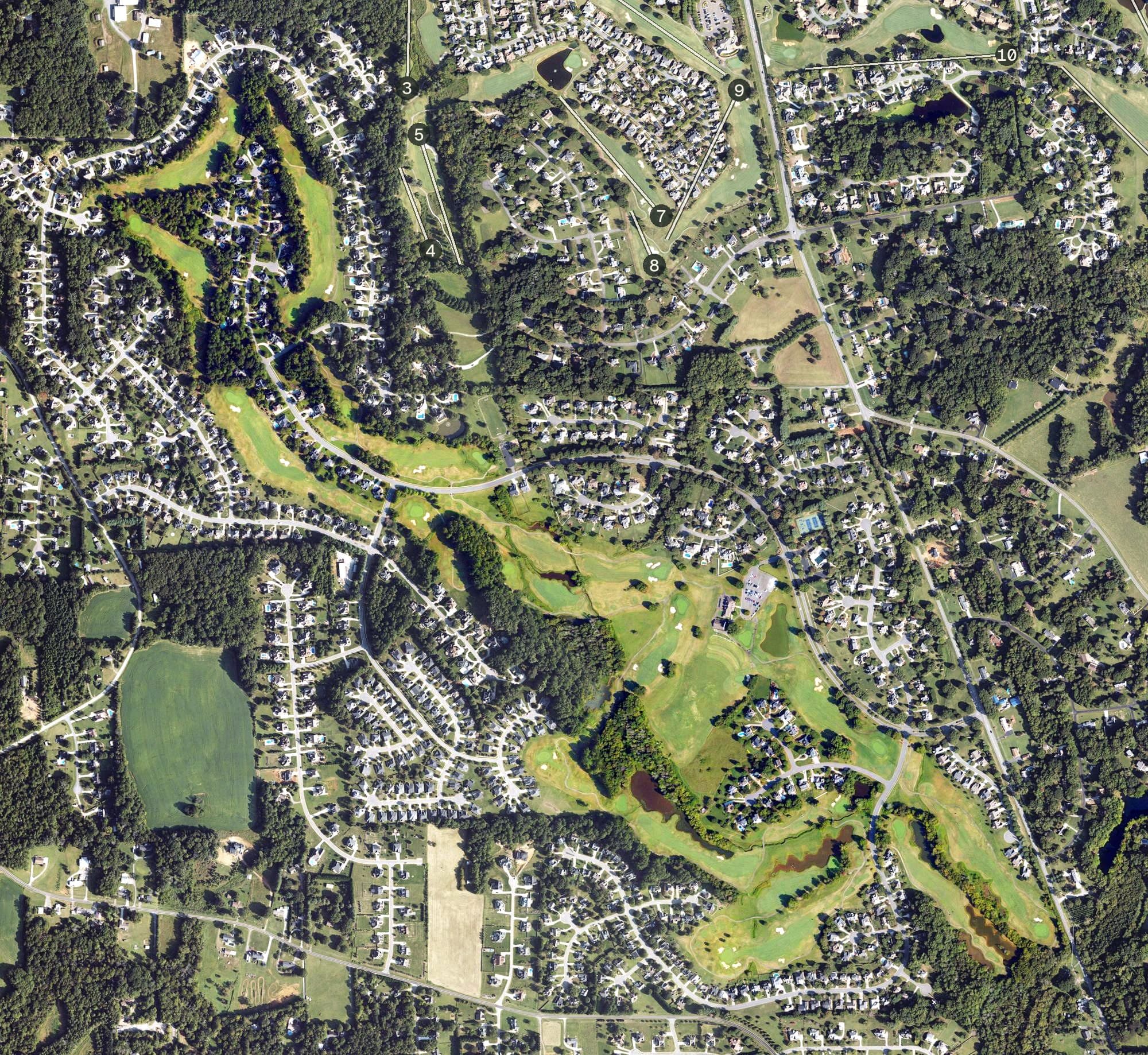 Aerial view of Oak Valley Golf Club, NC, with its hole routing marked