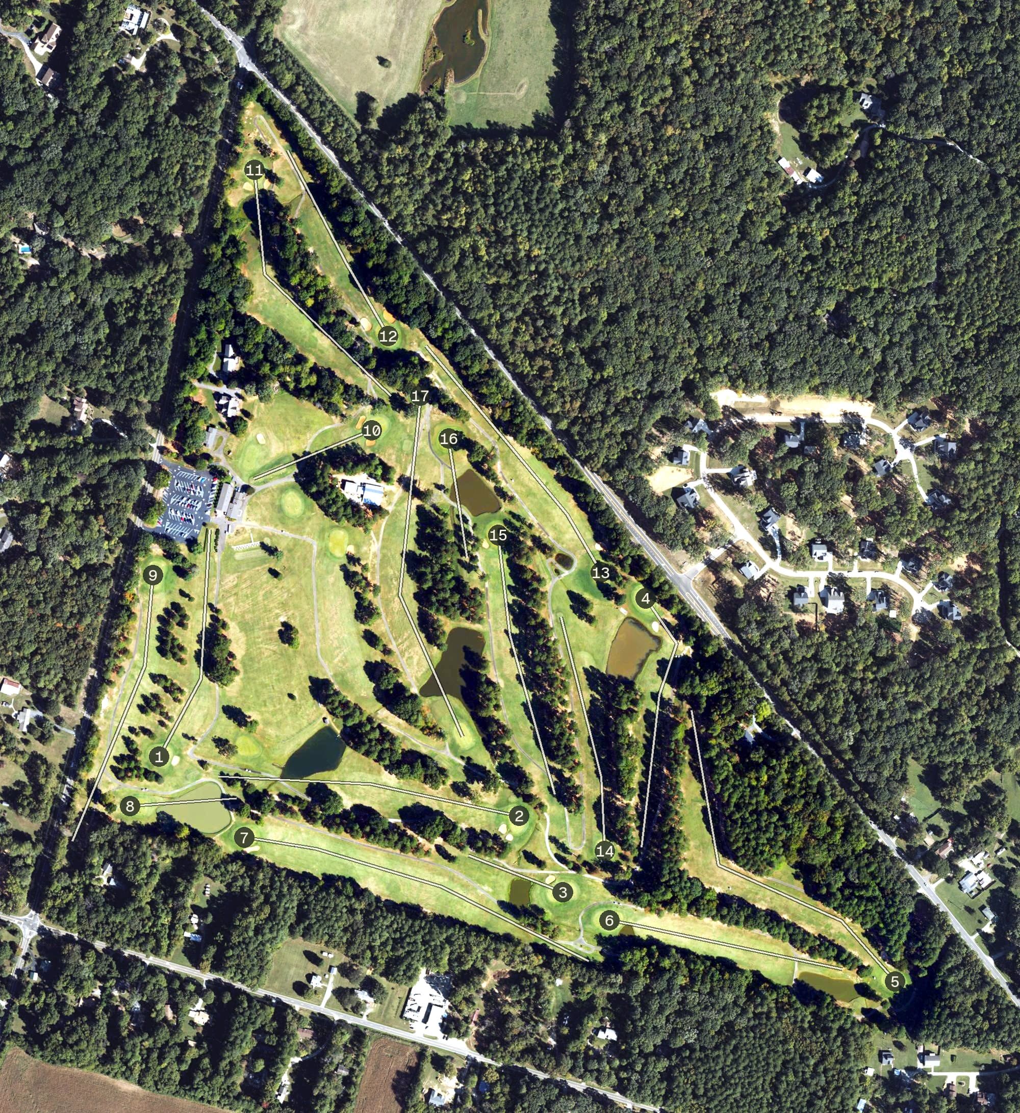 Aerial view of Occoneechee Golf Club, NC, with its hole routing marked