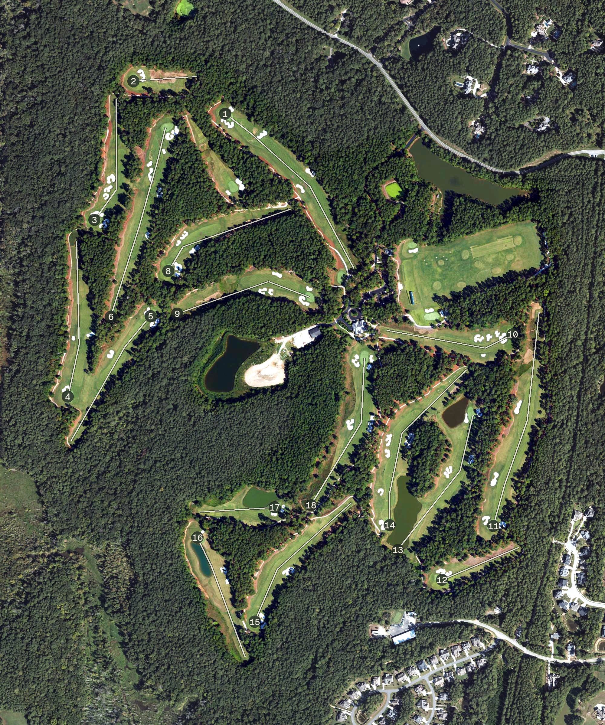 Aerial view of Old Chatham Golf Club, NC, with its hole routing marked