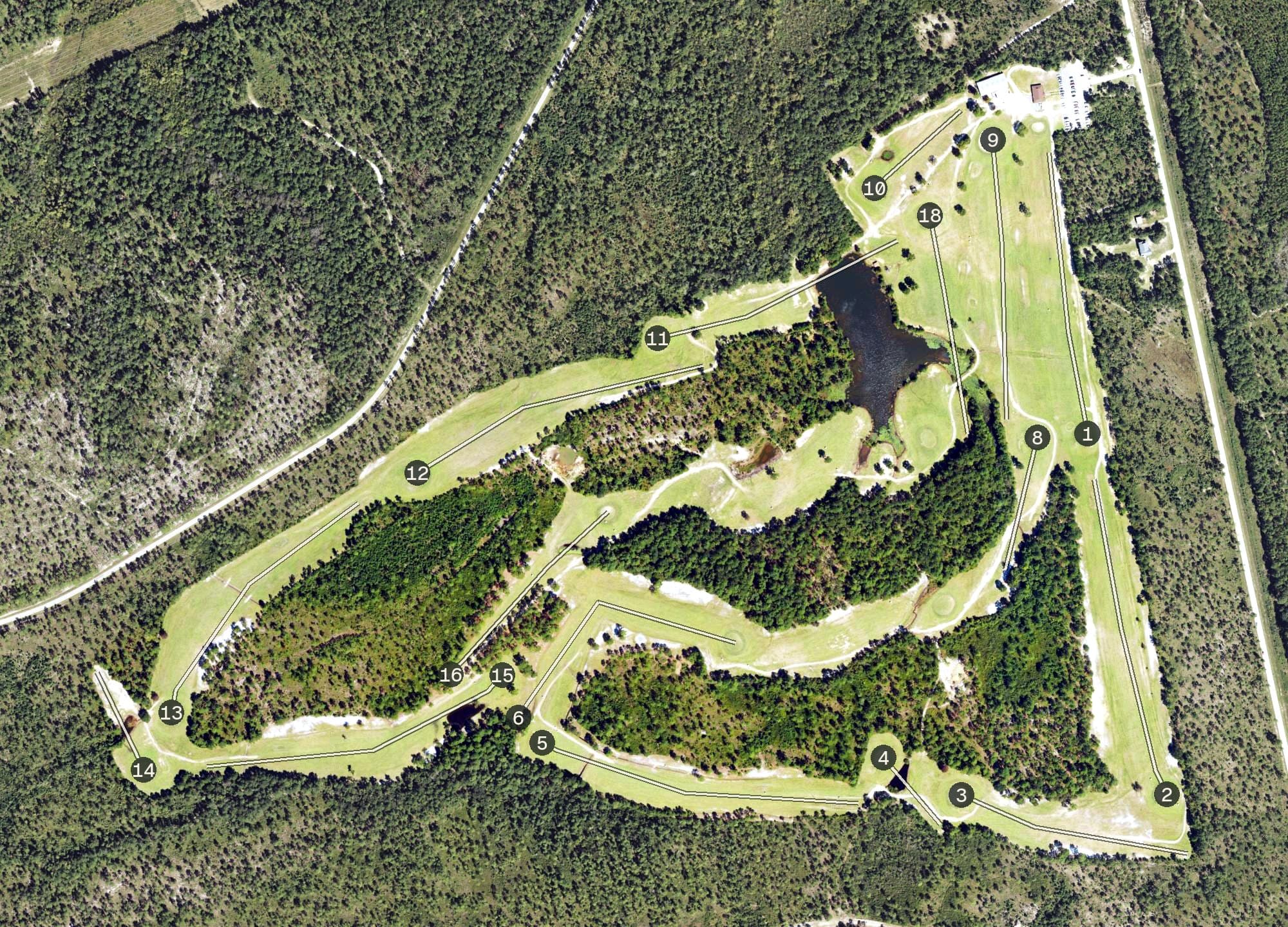 Aerial view of Olde Fort, NC, with its hole routing marked