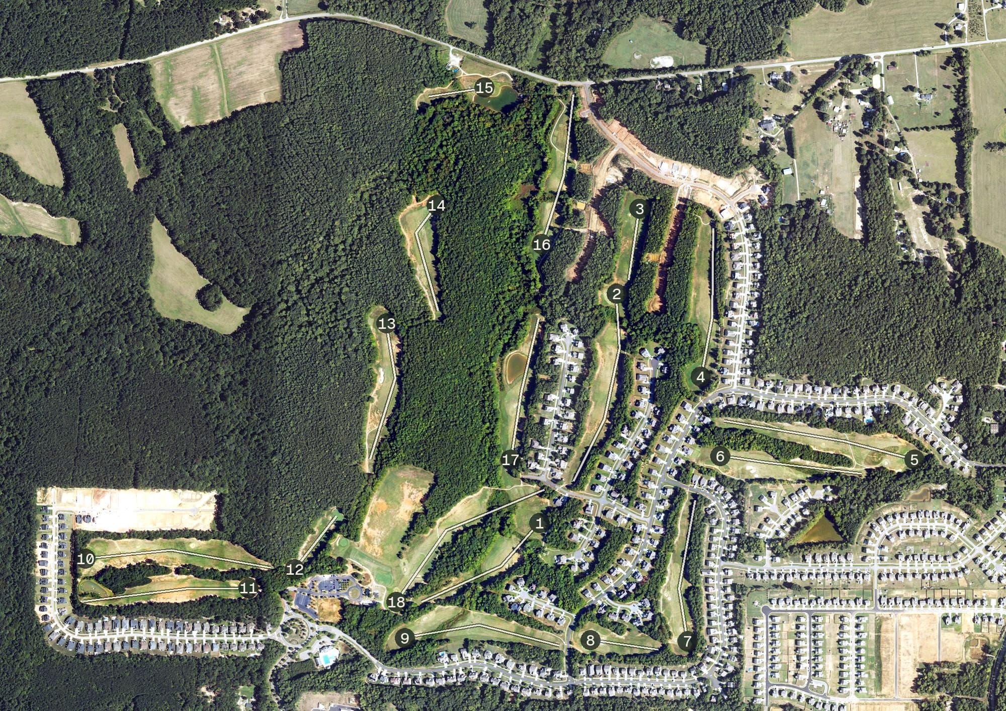 Aerial view of Olde Liberty Golf Club, NC, with its hole routing marked