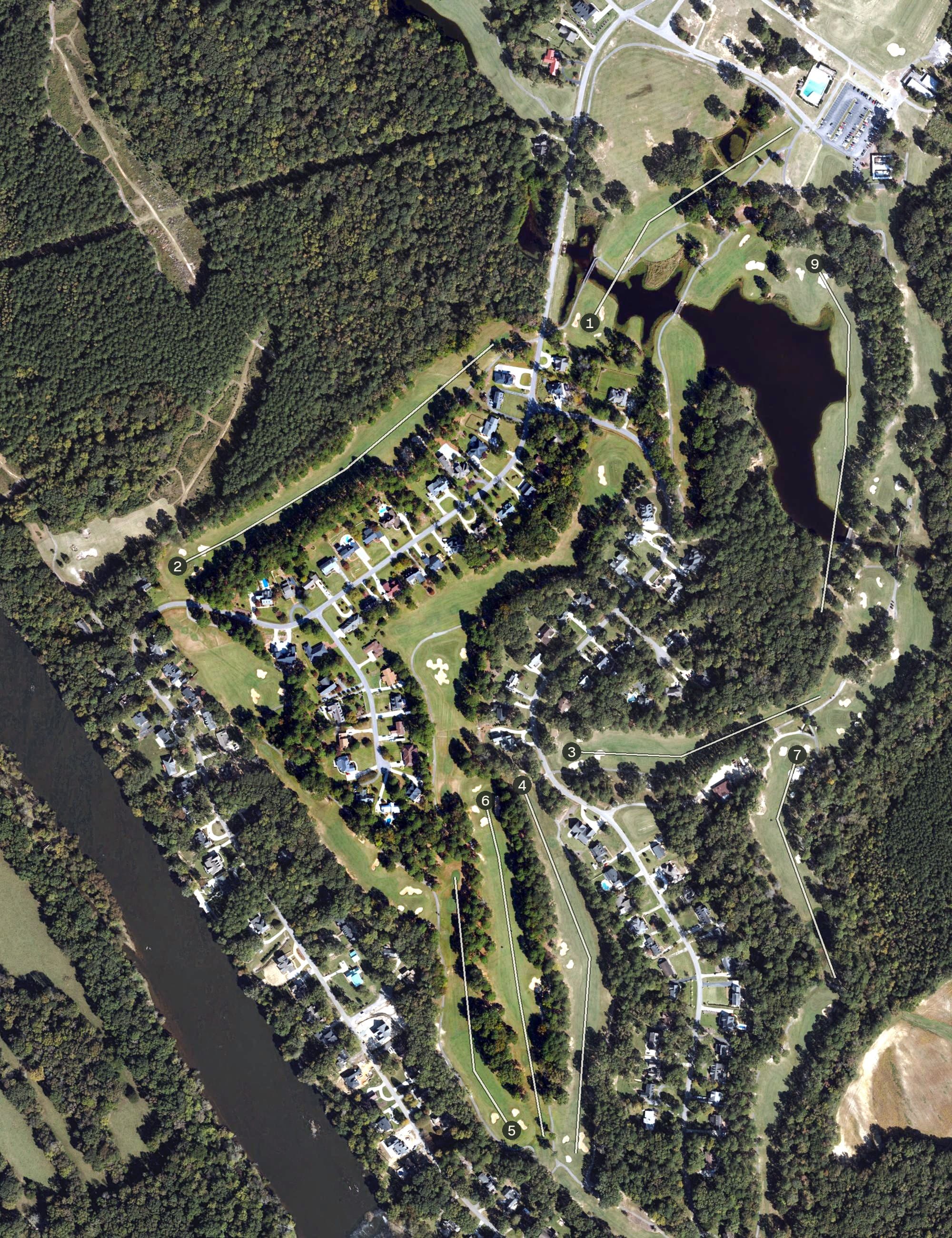 Aerial view of Orange Course, NC, with its hole routing marked