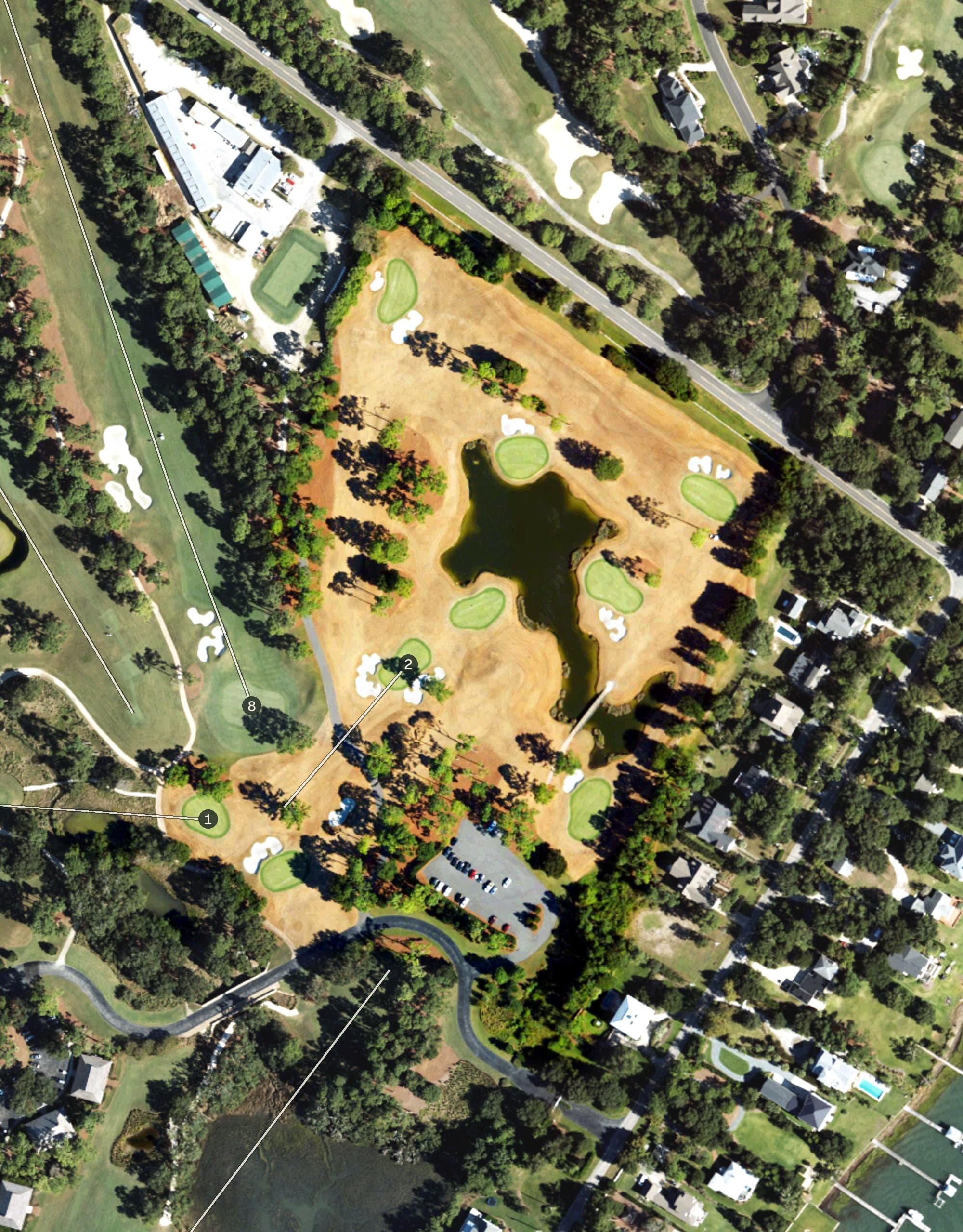Aerial view of Par 3 Course, NC, with its hole routing marked