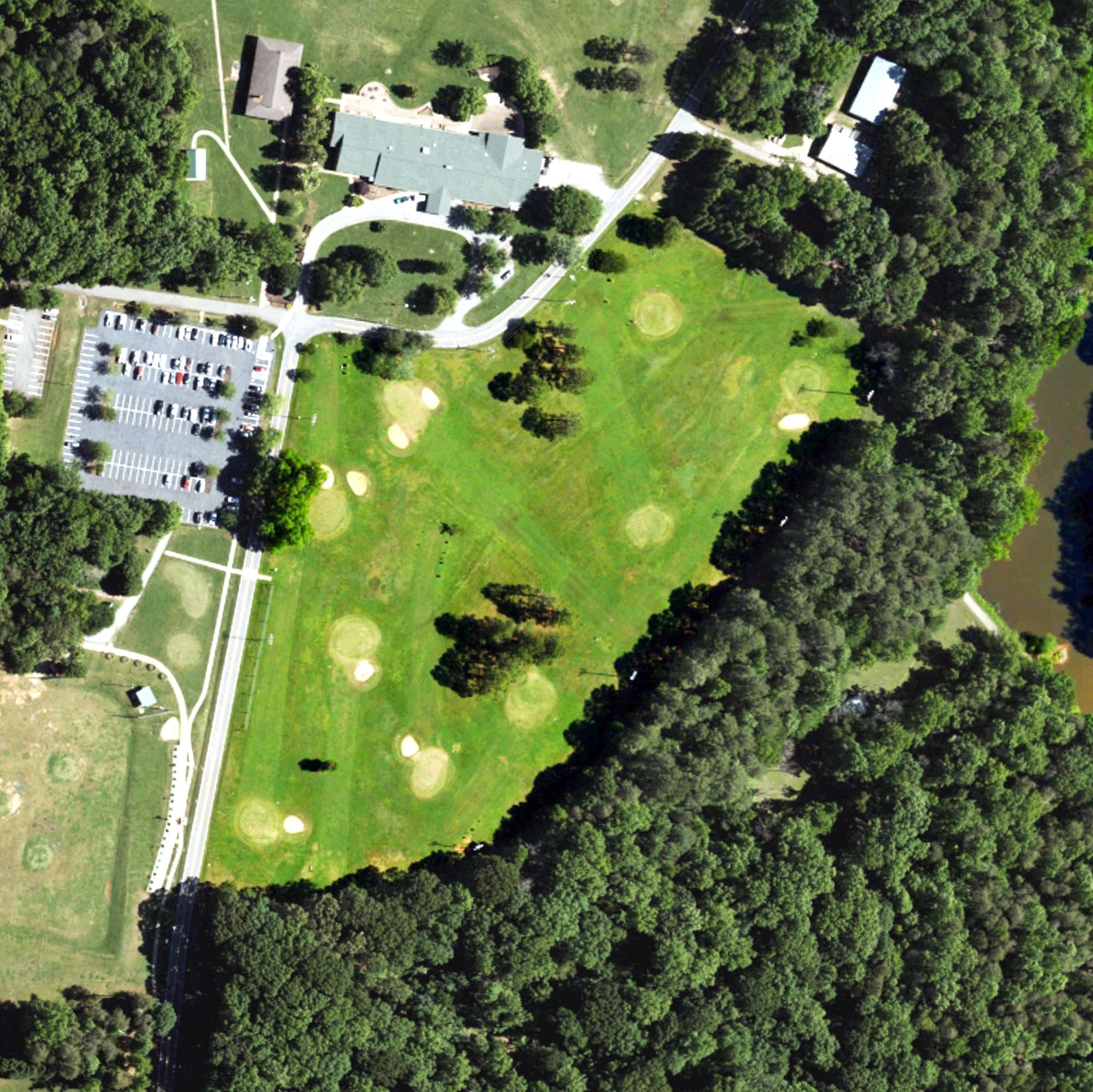 Aerial view of Par 3 Golf Course, NC, with its hole routing marked