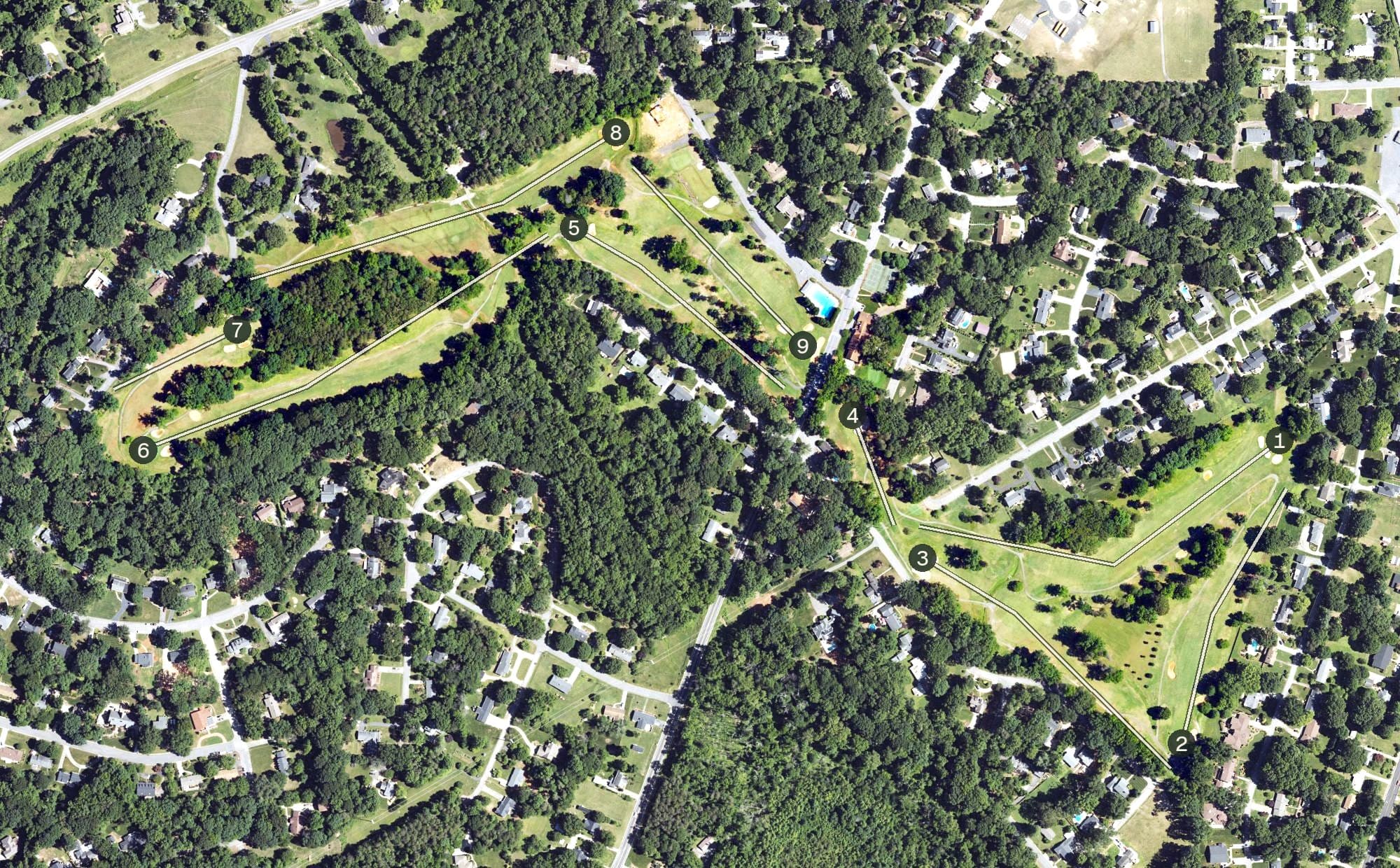 Aerial view of Pennrose Park Country Club, NC, with its hole routing marked