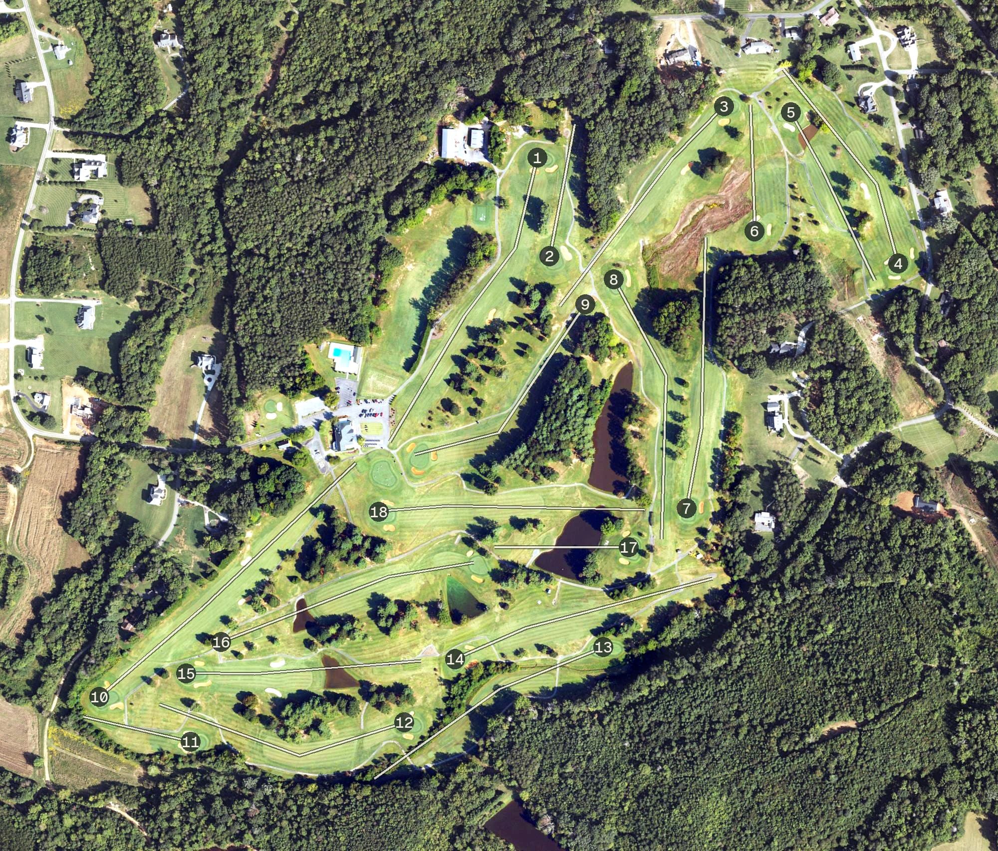 Aerial view of Pilot Knob Park, NC, with its hole routing marked