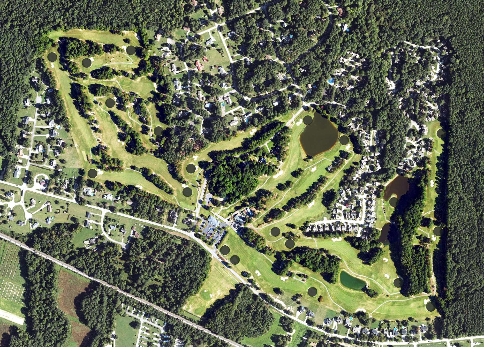 Aerial view of Pine Hollow Golf Club, NC, with its hole routing marked
