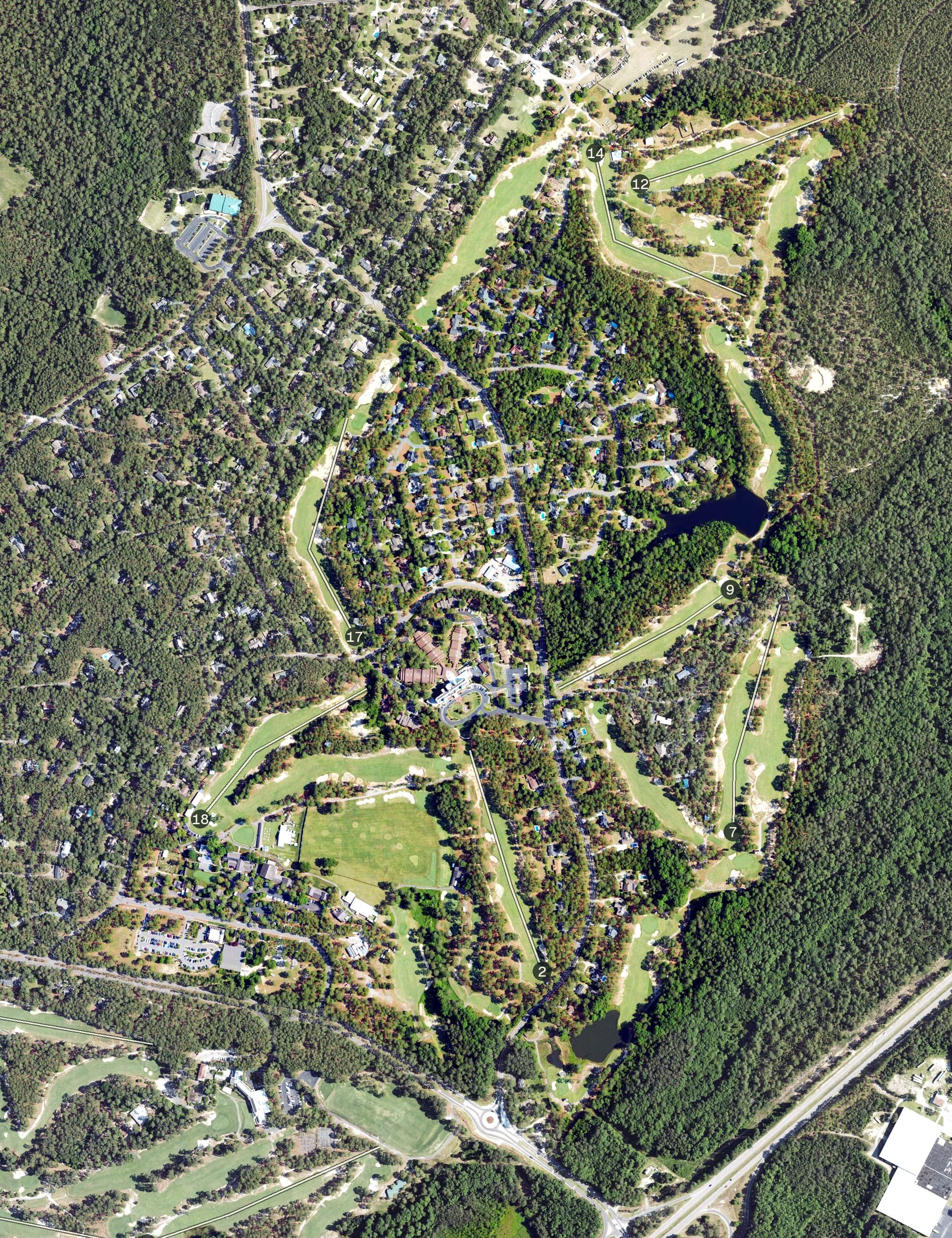 Aerial view of Pine Needles, NC, with its hole routing marked