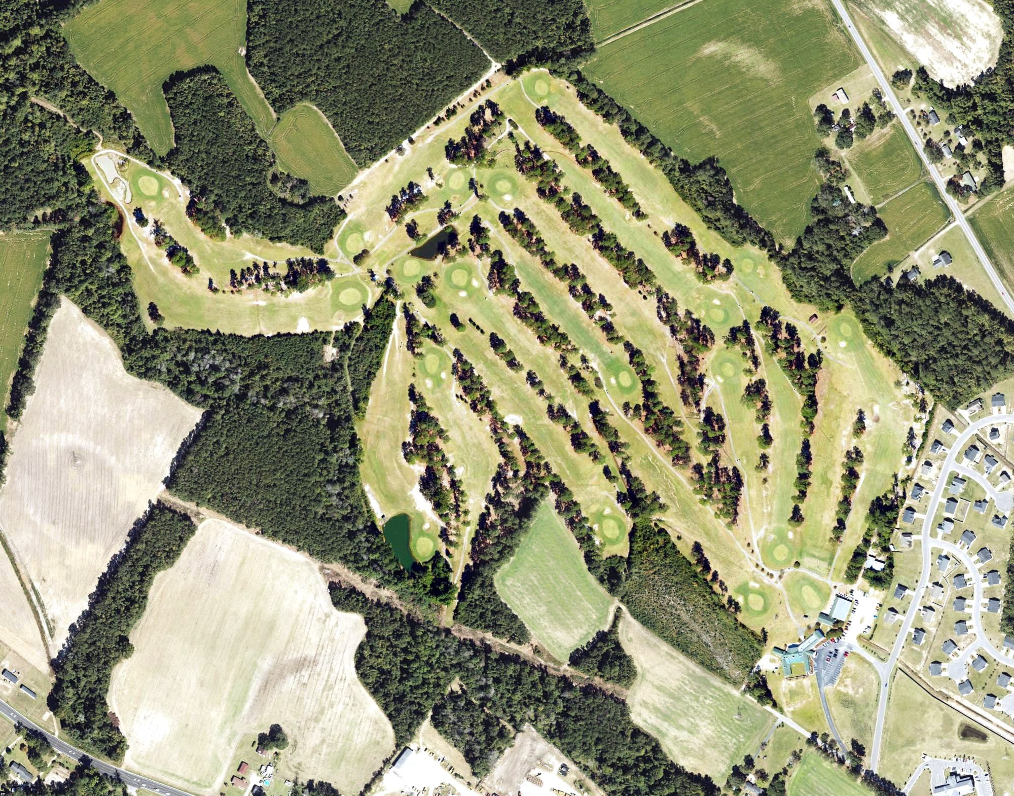 Aerial view of Pinecrest Country Club, NC, with its hole routing marked