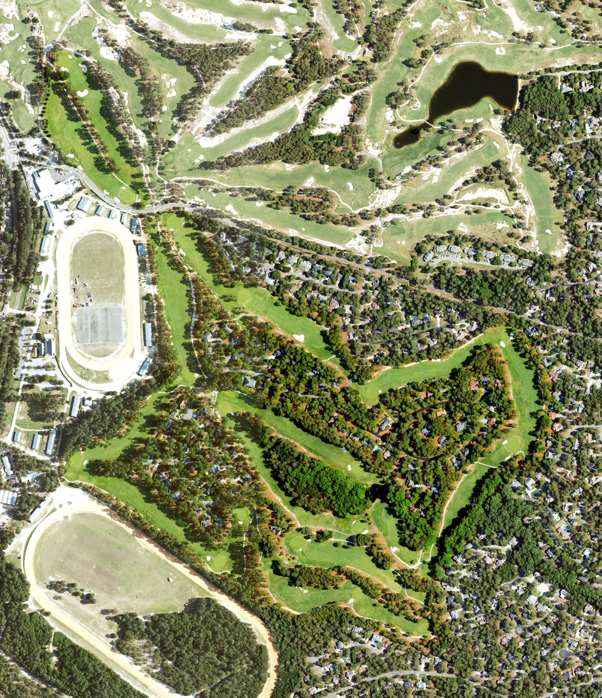 Aerial view of Pinehurst Course No.1, NC, with its hole routing marked