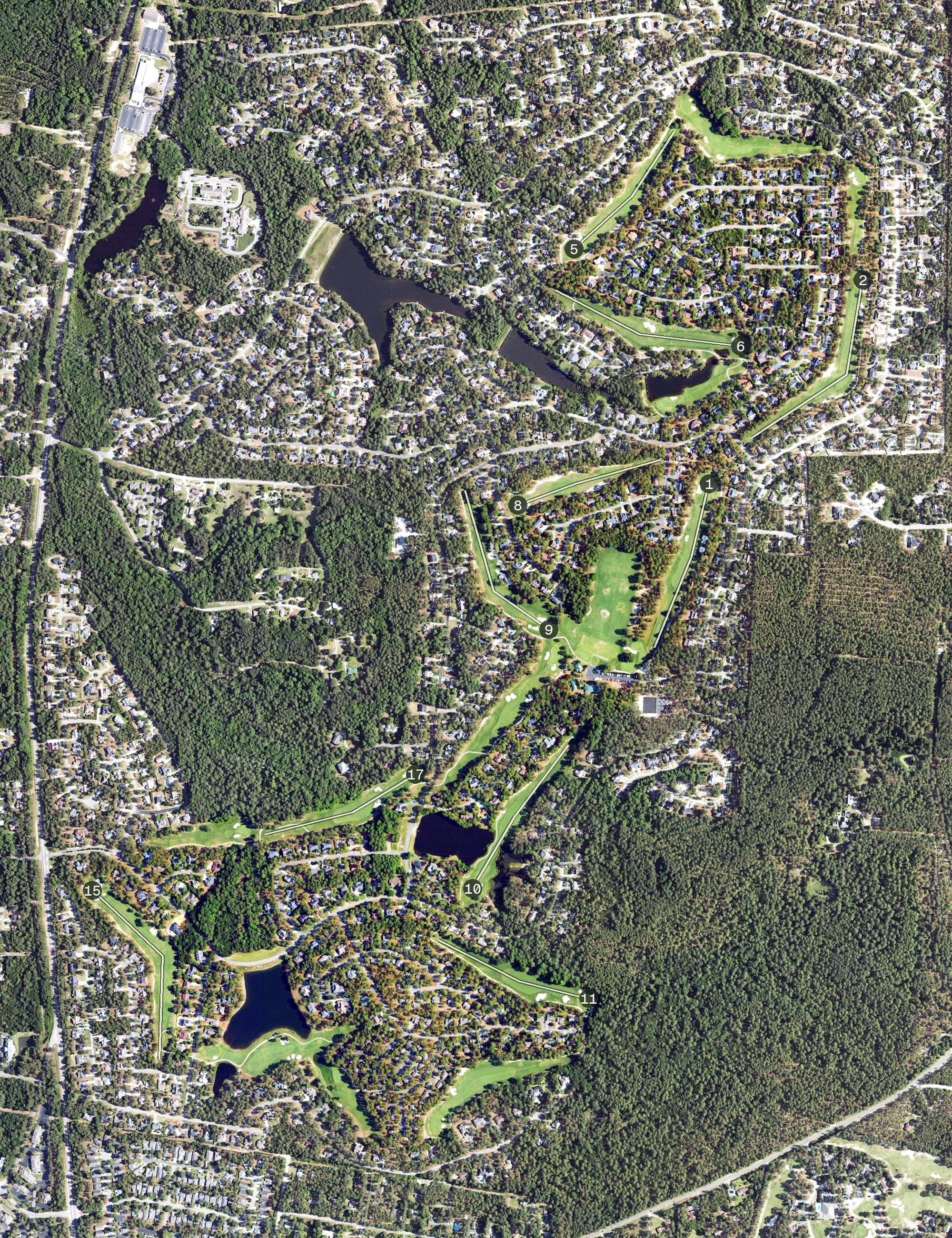 Aerial view of Pinehurst Course No. 6, NC, with its hole routing marked