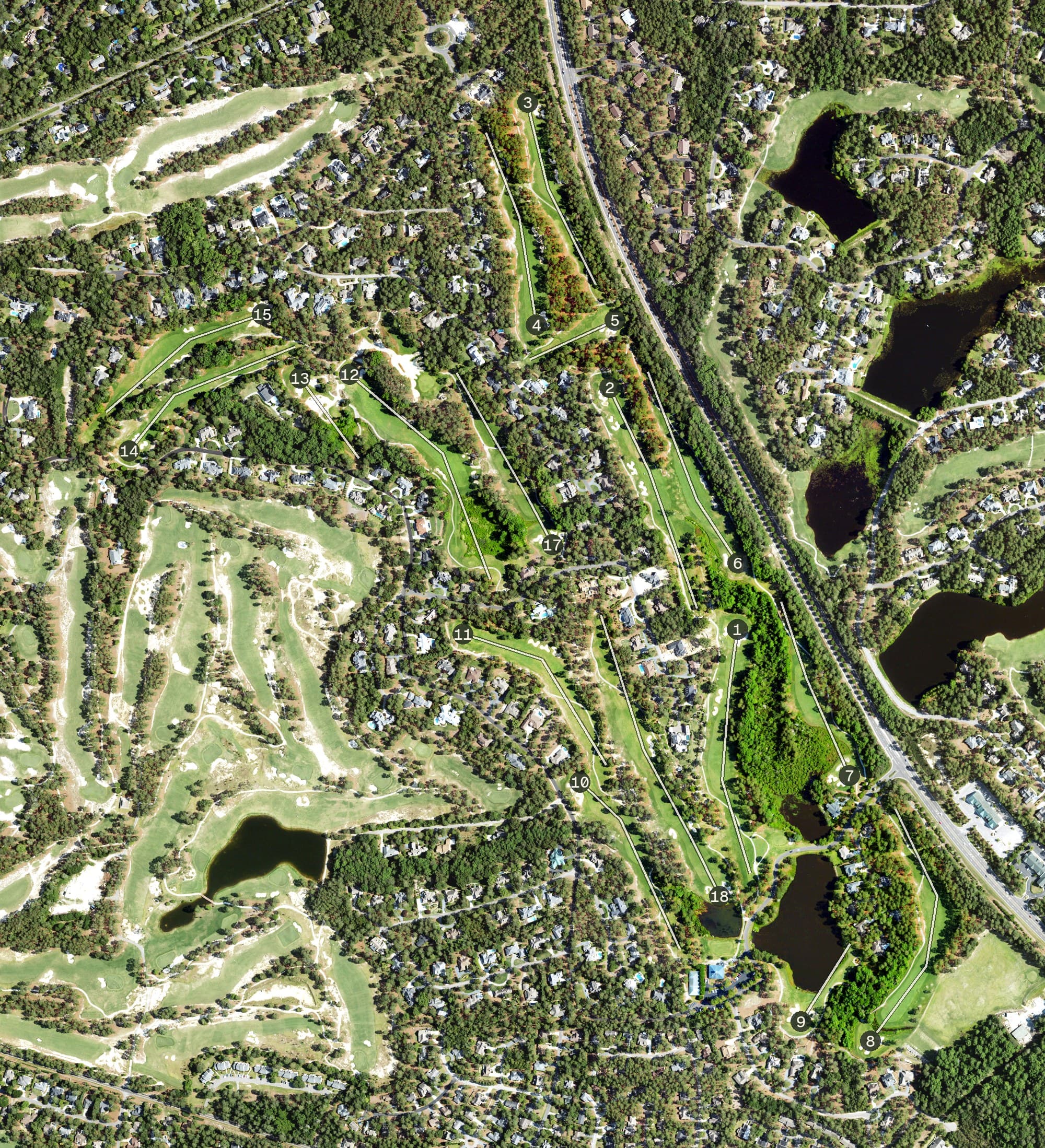 Aerial view of Pinehurst Course No.7, NC, with its hole routing marked
