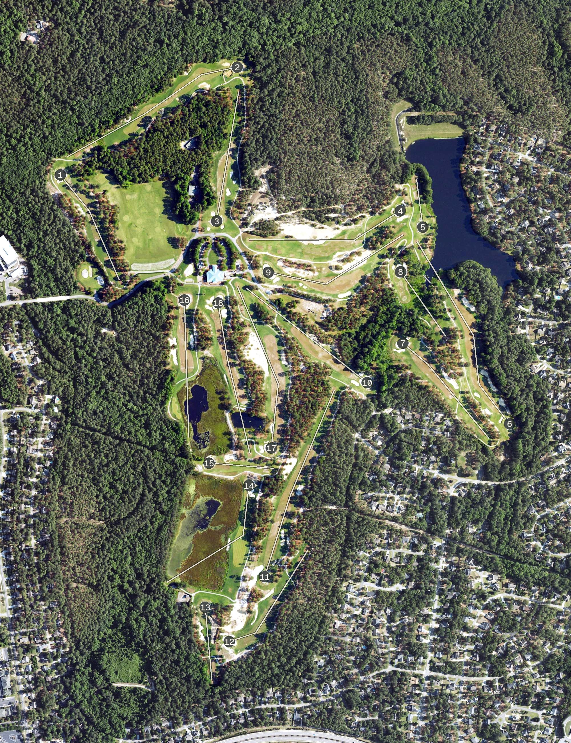 Aerial view of Pinehurst Course No. 8, NC, with its hole routing marked