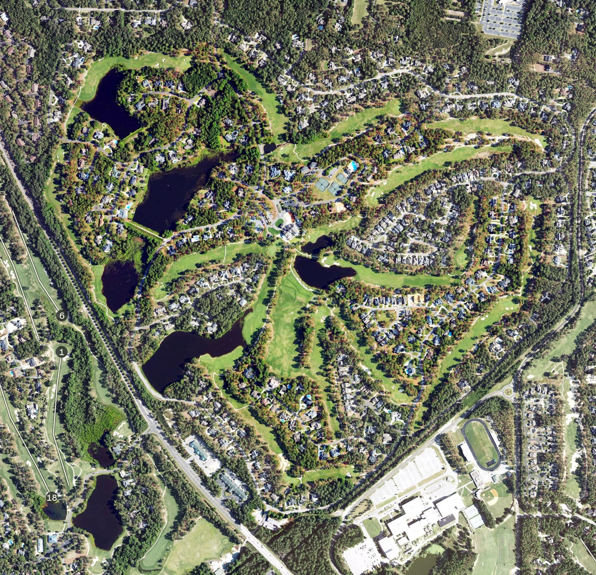 Aerial view of Pinehurst Course No. 9, NC, with its hole routing marked